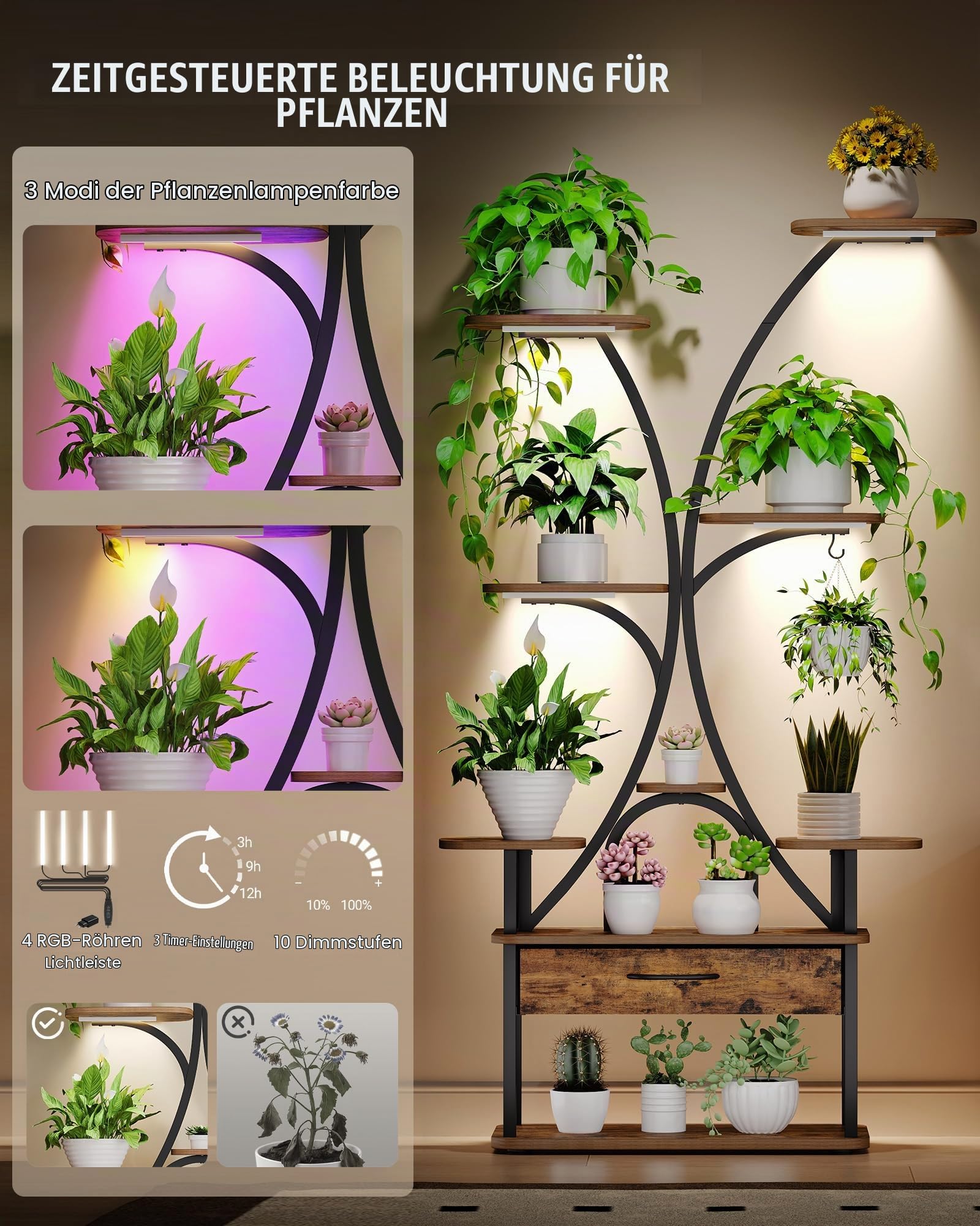 Hzuaneri Pflanzenständer mit Wachstumslicht, 9-Ebenen Blumenständer mit 4 R-G LED-Leuchten, Farbe und Timing Einstellbar, 164 cm, Ideal für Wohnzimmer, Balkon, Garten, Vintagebraun-Schwarz, PS16001B