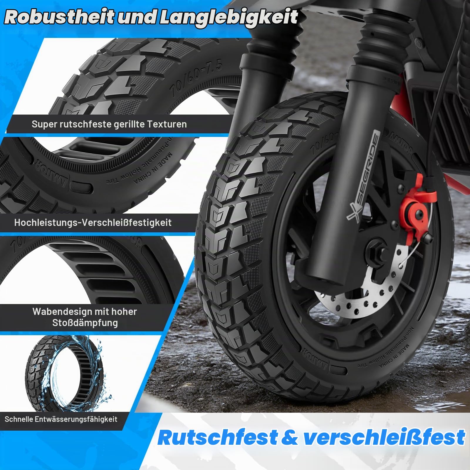 70/60-7.5 Reifen Vollgummi Offroad für Segway ZT3 Pro/Segway-Ninebot MAX G3 Reifen E Scooter Vollgummi 11 Zoll 70/60-7,5, Abriebfeste & Pannensichere, Wartungsfrei & Langlebig, Schwarz, 1PCS