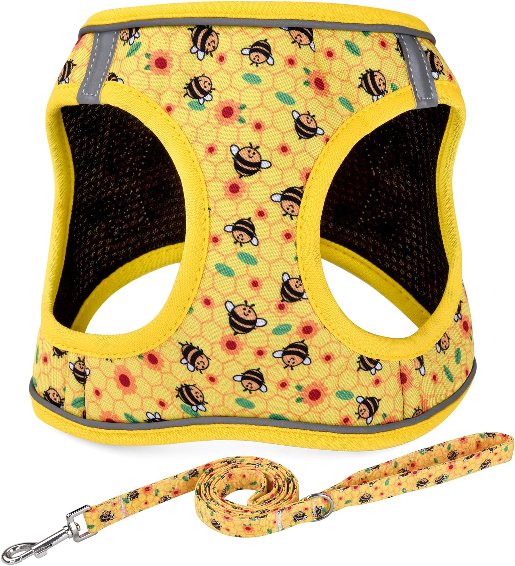 Step in Dog Harness and Leash Set, Reflective Adjustable No Pull Dog Harness for Extra-Small/Small Dogs Puppy and Cats, Soft Padded Mesh Vest Harnesses for Girl and Boy Pets(Bee,S)