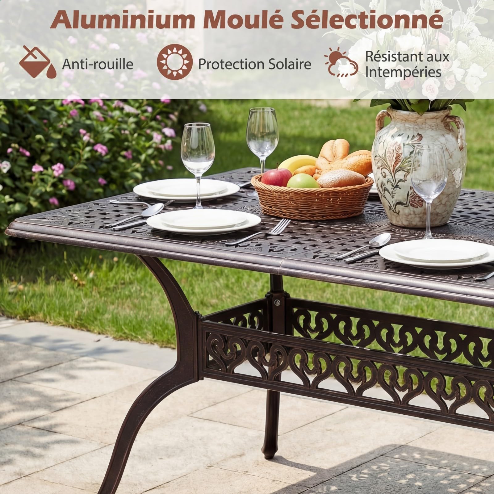 COSTWAY Table de Jardin en Fonte Aluminium, 150 x 90 x 73 CM