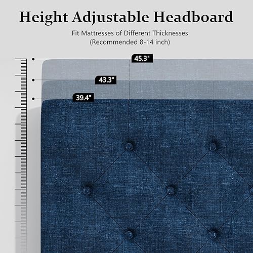Miniatura 62 de BarnFurin Base de cama de tamaño matrimonial con cabecero, cama de plataforma tapizada con cabecera capitonada con botones ajustables, marco de cama