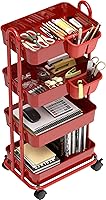 Vista 2 de Simple Houseware 4-Tier Multifunctional Rolling Utility Cart with Hanging Buckets, Red Rojo
