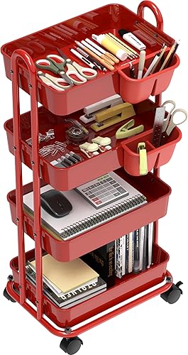 Miniatura 2 de SimpleHouseware - Carrito utilitario multifuncional de 4 niveles con divisores de cesta y cubos colgantes, color rojo