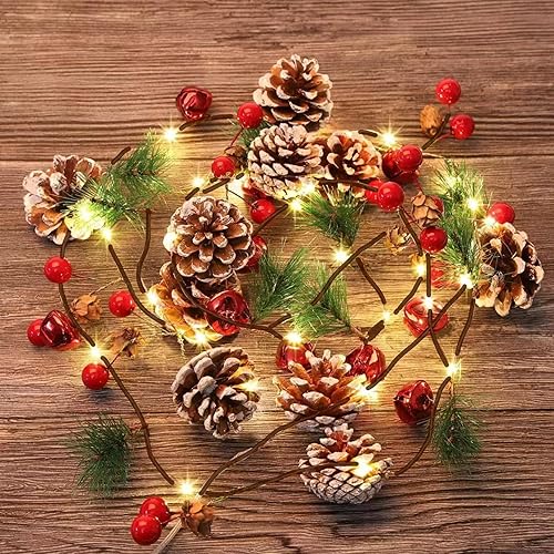 Miniatura 1 de TW SHINE Paquete de 2 tiras de luces de pino de Navidad, 13 pies, 40 LED preiluminadas en total, guirnalda con bayas rojas para decoración de