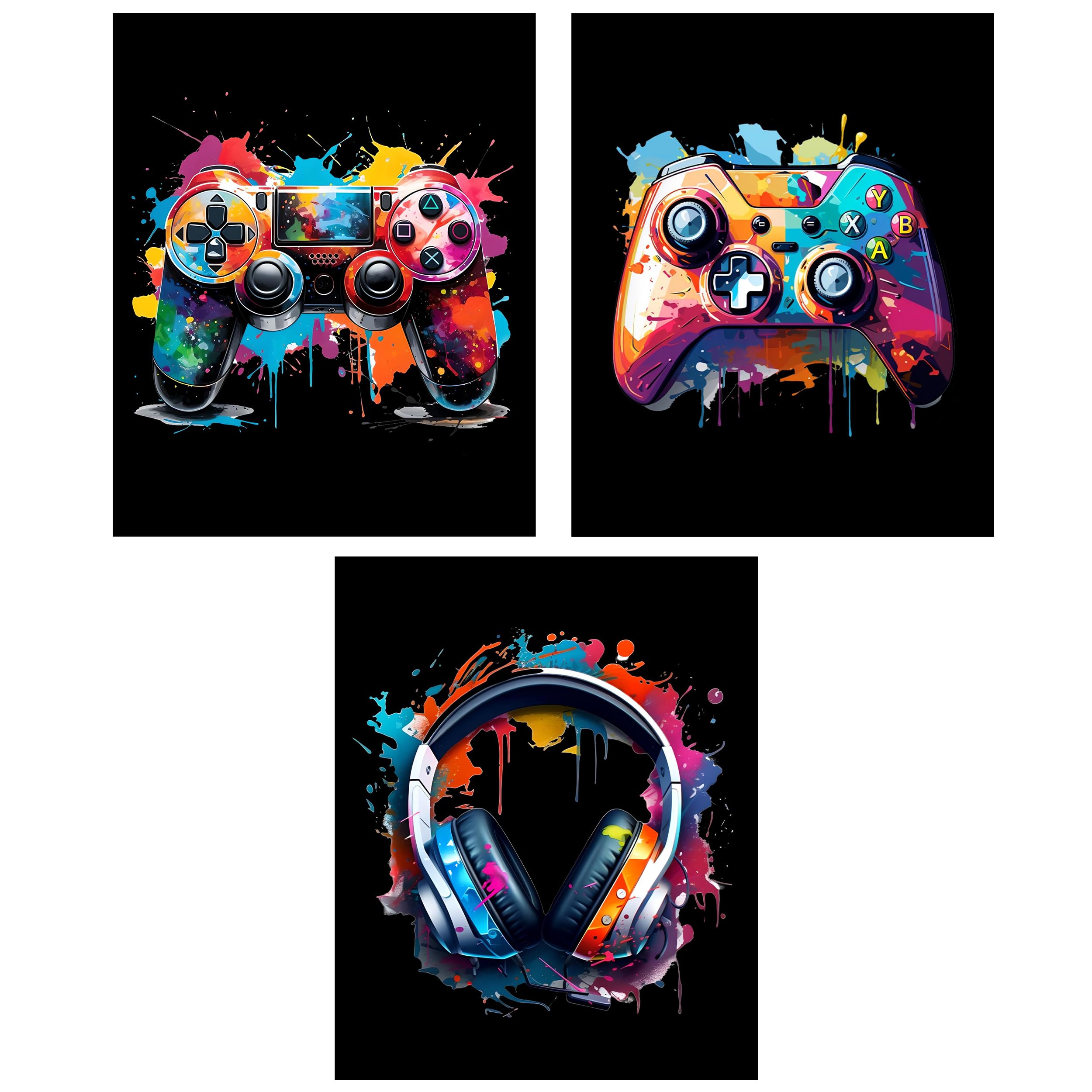 EDUS Watercolor Gaming Poster Set of 3 (20.3 x 25.4), Game Wall Art Decor, Gamer Accessories Room Decoration (UNFRAMED)