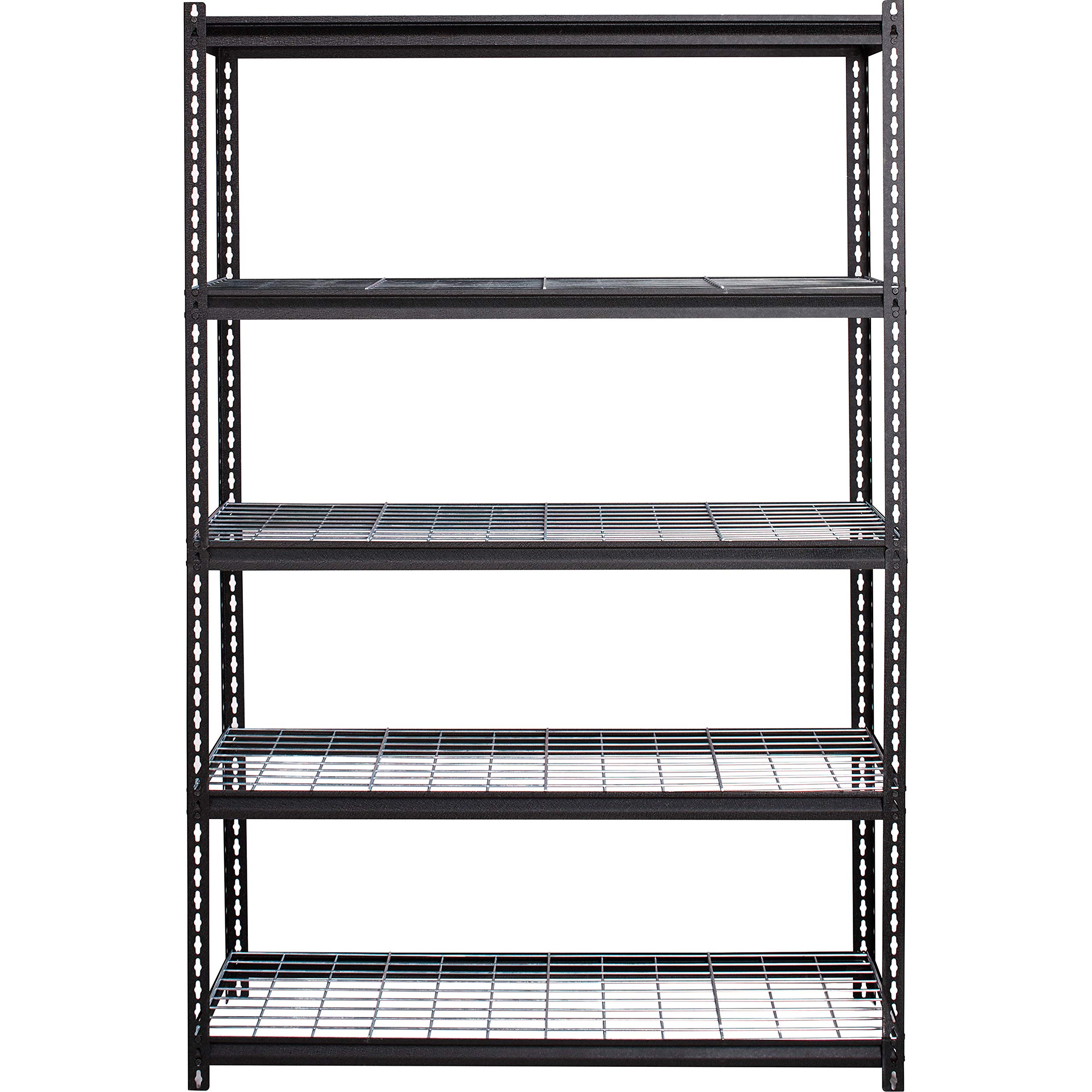 Lorell LLR99930 Wire Deck Shelving unit filled with various kitchen and storage items.