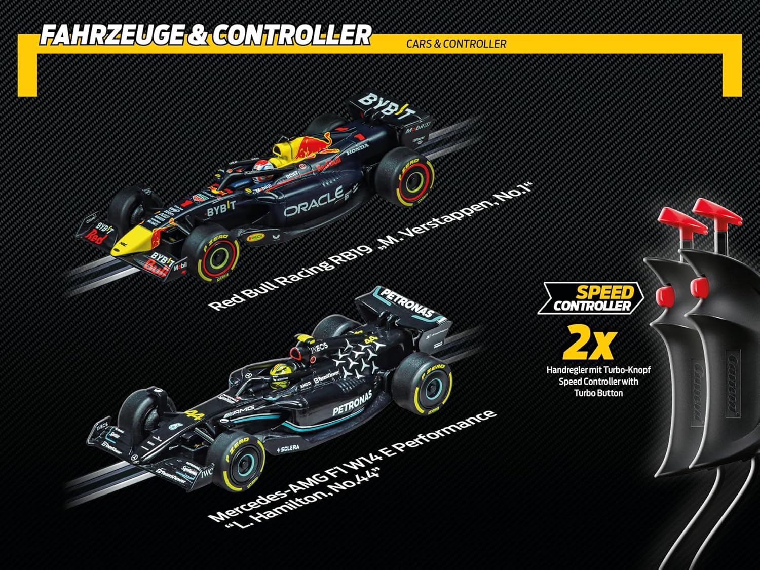 Image showing the two Formula 1 slot cars, Mercedes-AMG F1 W14 E Performance 'L. Hamilton' and Red Bull Racing RB19 'M. Verstappen', alongside two speed controllers with turbo buttons.