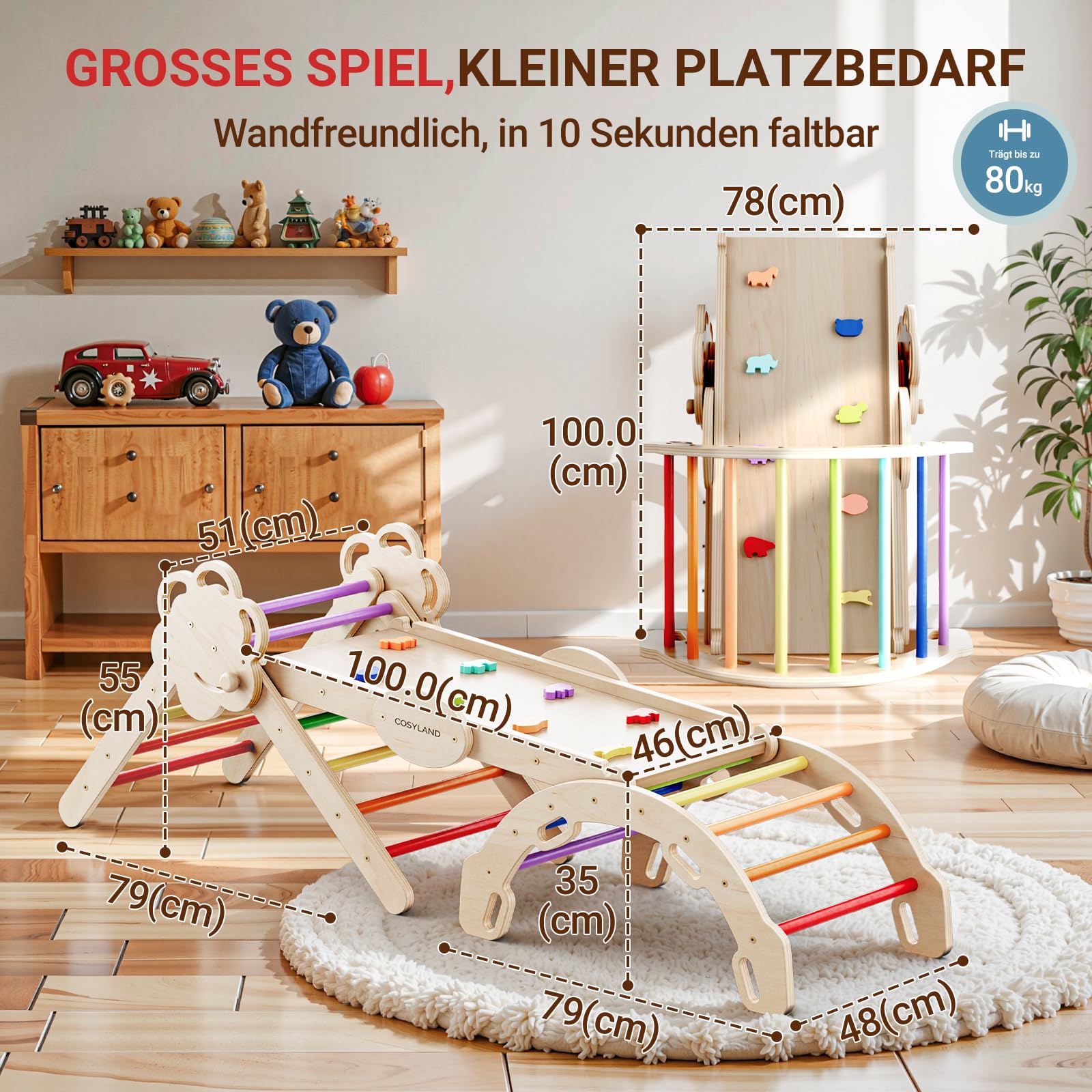 COSYLAND Klettergerüst Indoor L – Großes Kletterdreieck Set mit Kletterbogen & Rutsche – 8-in-1 Massivholz-Spielplatz für Kinder ab 18 Monaten – Regenbogenfarben