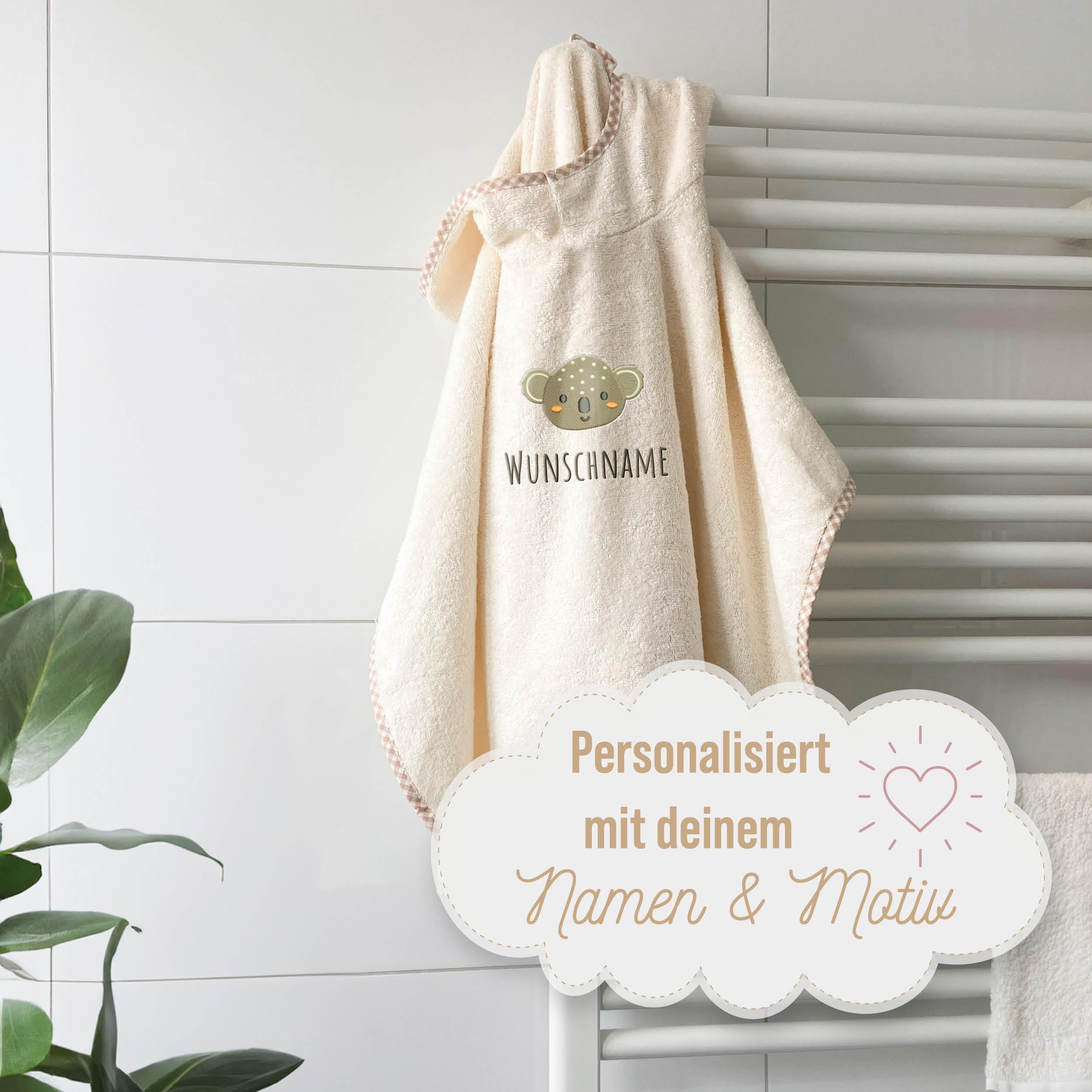 Badeponcho Kinder mit Namen und Motiv Bestickt, Oeko-TEX® Standard 100 - Personalisiertes Baby Kapuzenhandtuch aus Reiner Baumwolle für eine sanfte Trocknung (Natur)