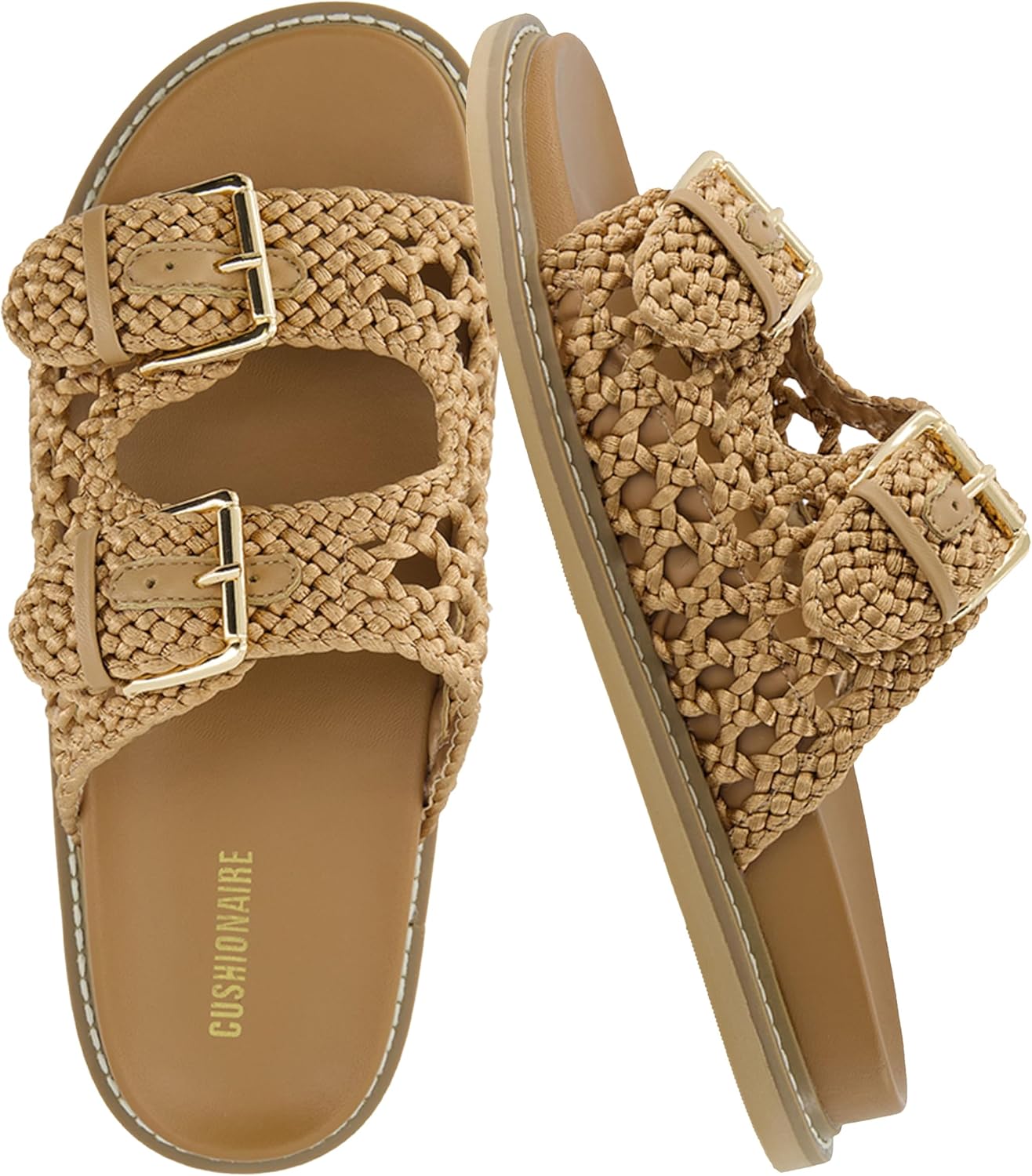 CUSHIONAIRE Weaver Summer Sandals for Women 2025 - Shiny Raffia Woven Slip On Womens Slides with Adjustable Buckle