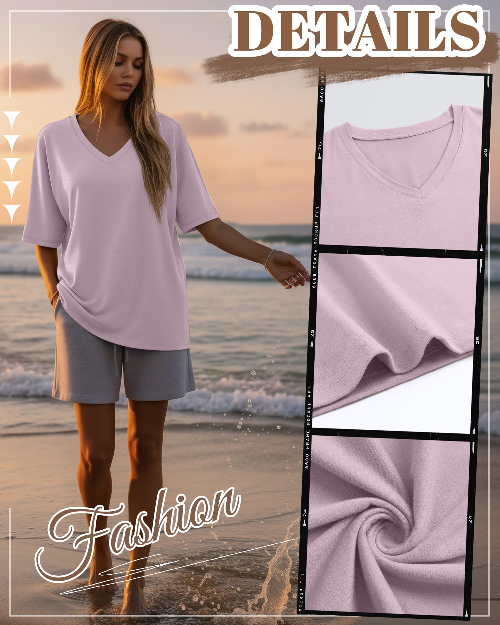 Geyoga Lot de 3 T-Shirts Oversize en Coton pour Femme Col V Coupe Ample Tops à Manches Courtes Doux pour Le Sport