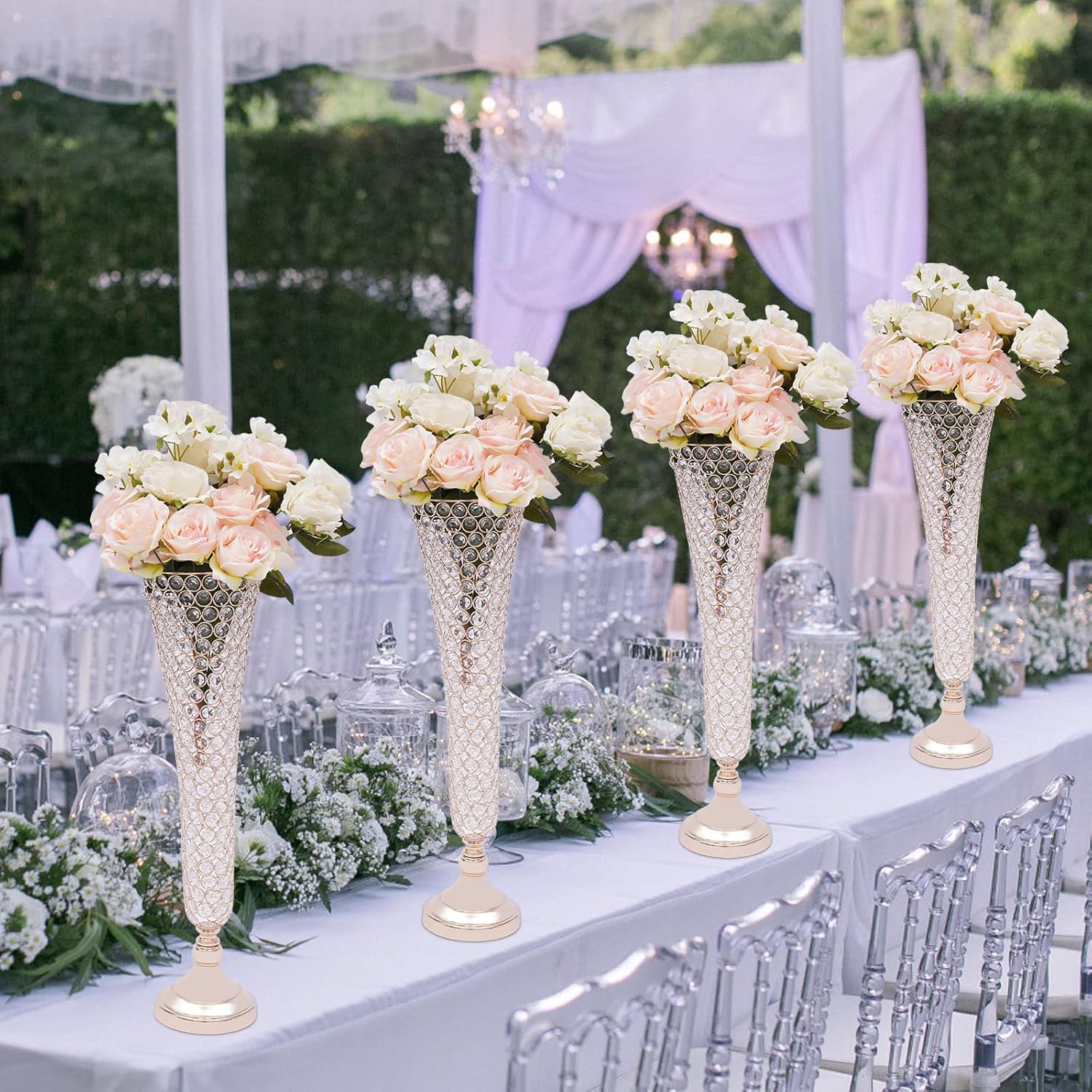 4Pcs Crystal Trumpet Flower Vases for Centerpieces, 21" H Gold Urn Planter Elegant Flower Stand for Wedding Decoration, Ceremony, Party, Home