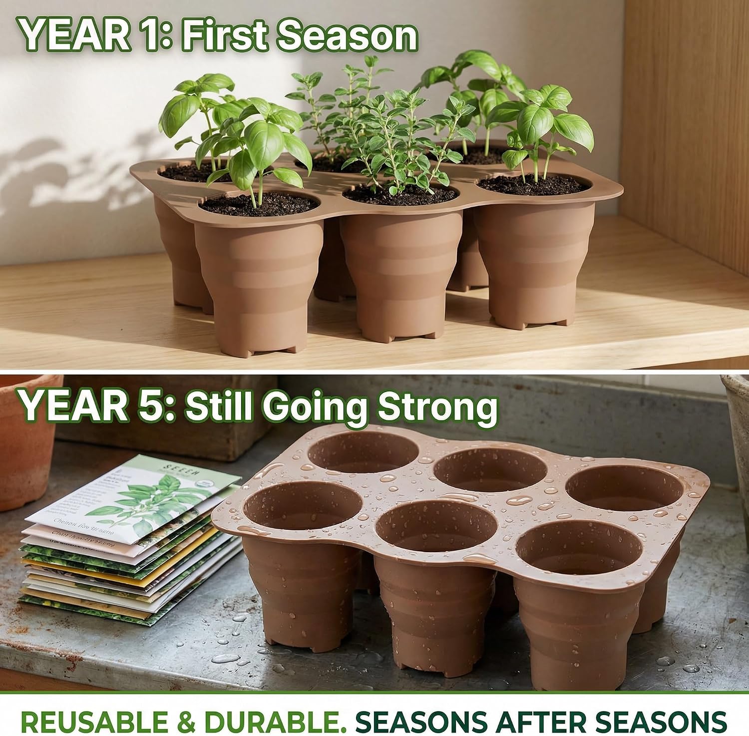 Collapsible Silicone Seed Starter Tray, 6 XL Flexible Pop-out Cells for Easy Transplant, Reusable & Multi-Season Durable Windowsill Seedling Tray, Space-Saving Starter Kit for Vegetables & Herb