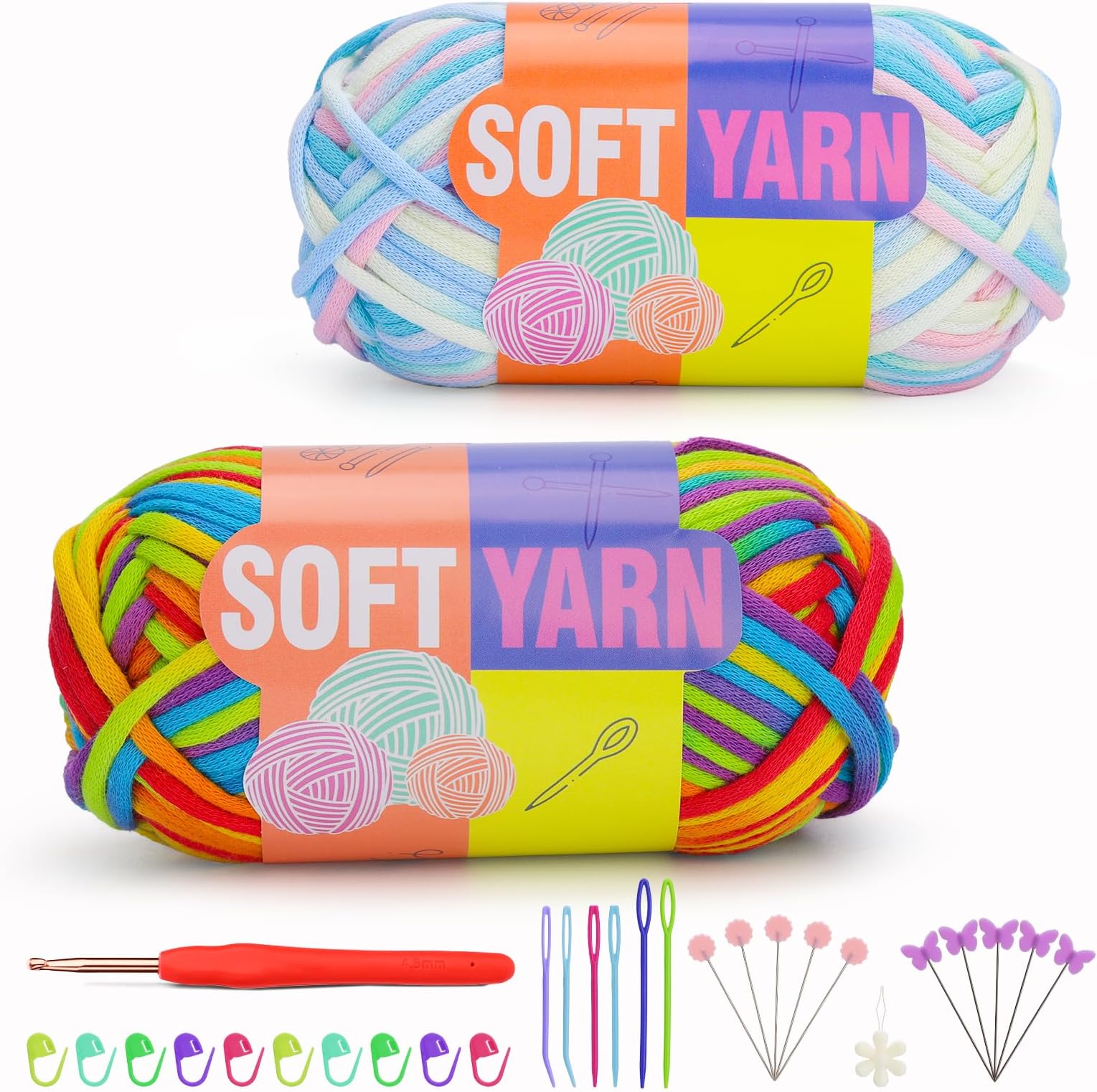 IMZAY100g/3.52OZ Yarn for Crocheting, Cotton Yarn and Yarn for Beginners with Easy-to-See Stitches, Ergonomic Handle Hooks, Cotton Nylon Chunky Yarn for Crocheting and Knitting-Blue and Rainbow