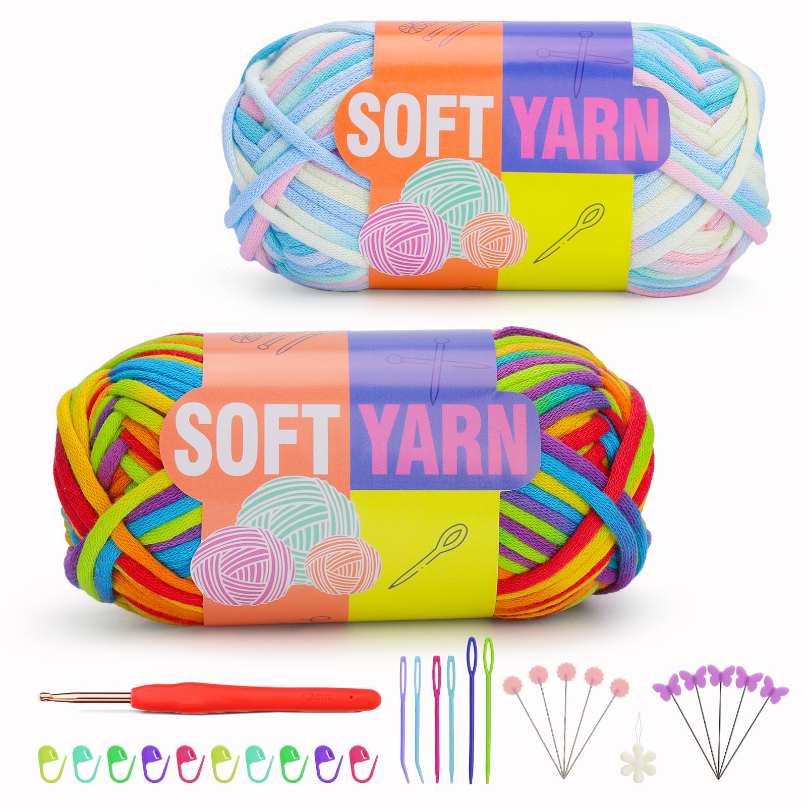 IMZAY100g/3.52OZ Yarn for Crocheting, Cotton Yarn and Yarn for Beginners with Easy-to-See Stitches, Ergonomic Handle Hooks, Cotton Nylon Chunky Yarn for Crocheting and Knitting-Blue and Rainbow