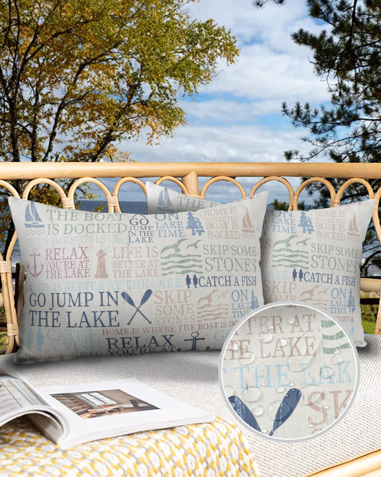 Outdoor Pillow Covers Waterproof, Lake Life Rule Text Anchor Lighthouse Oar Pine Tree All Weather Cushion Case Set of 2, Retro Backdrop Lumbar Pillowcase for Sofa Bed Decor Patio Furniture 20