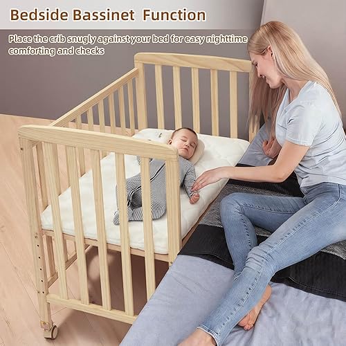 Miniatura 2 de Mini cuna convertible  Moisés portátil con colchón incluido, cuna de bebé de 3 alturas con lado que se abre para habitación pequeña y recién nacidos