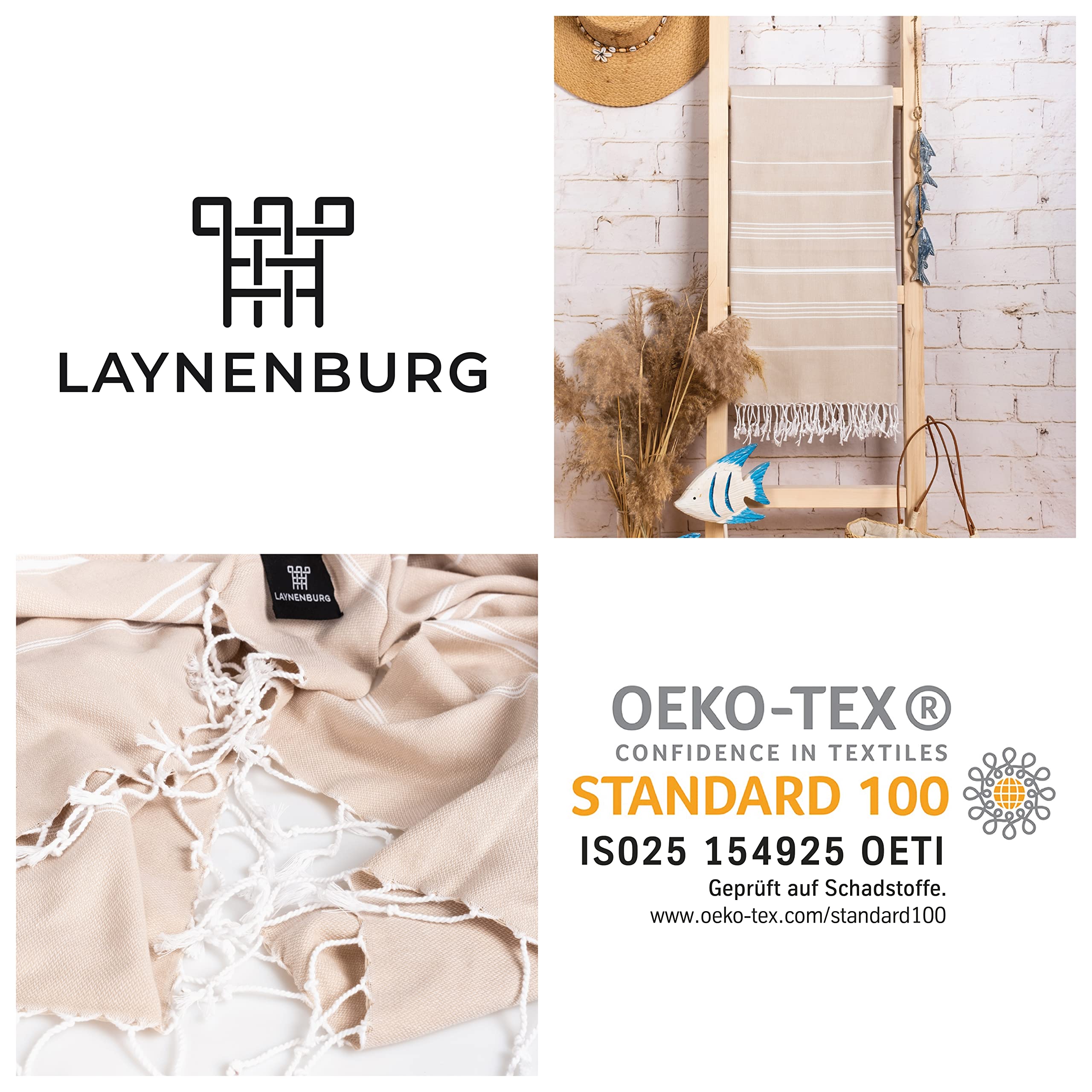 LAYNENBURG Ręcznik premium z ręcznie wiązanymi frędzlami, do łaźni tureckiej, sauny, plażowy, 100% bawełna, Oeko-Tex 100, podróżny, rozmiar XXL, 100 x 200 cm, 2 szt., pestemal, beżowy