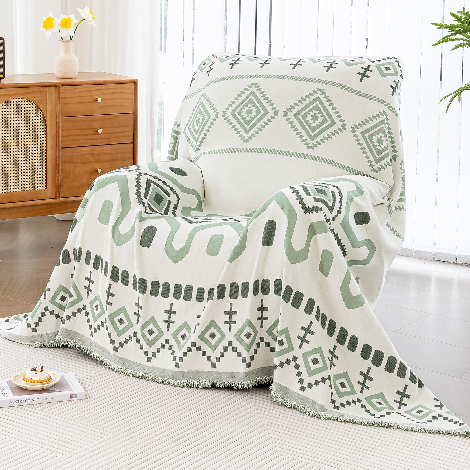 JPGGD Boho Couch Cover, Chenille Sofa Cover Washable for Dogs, Boho Couch Covers for Sofa Pet Friendly, Bohemia Sofa Slipcovers for Recliner(Green, 59