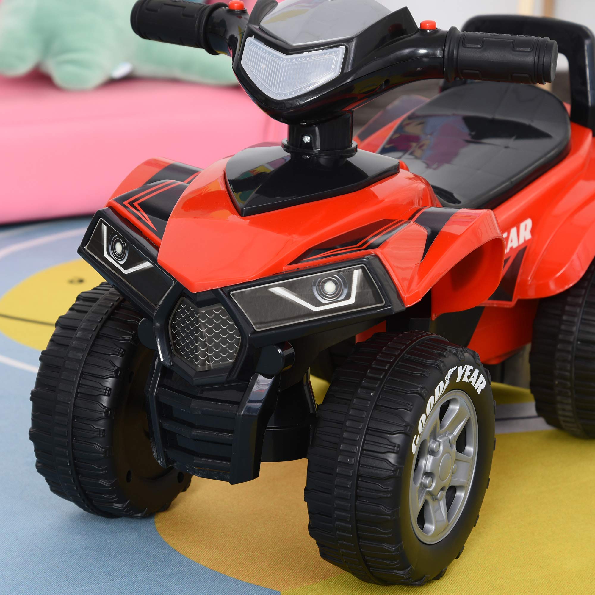 HOMCOM Quad Giocattolo per Bambini 18-36 Mesi con Licenza GOODYEAR con Luci e Suoni Realistici, Rosso e Nero, 60x31x42cm