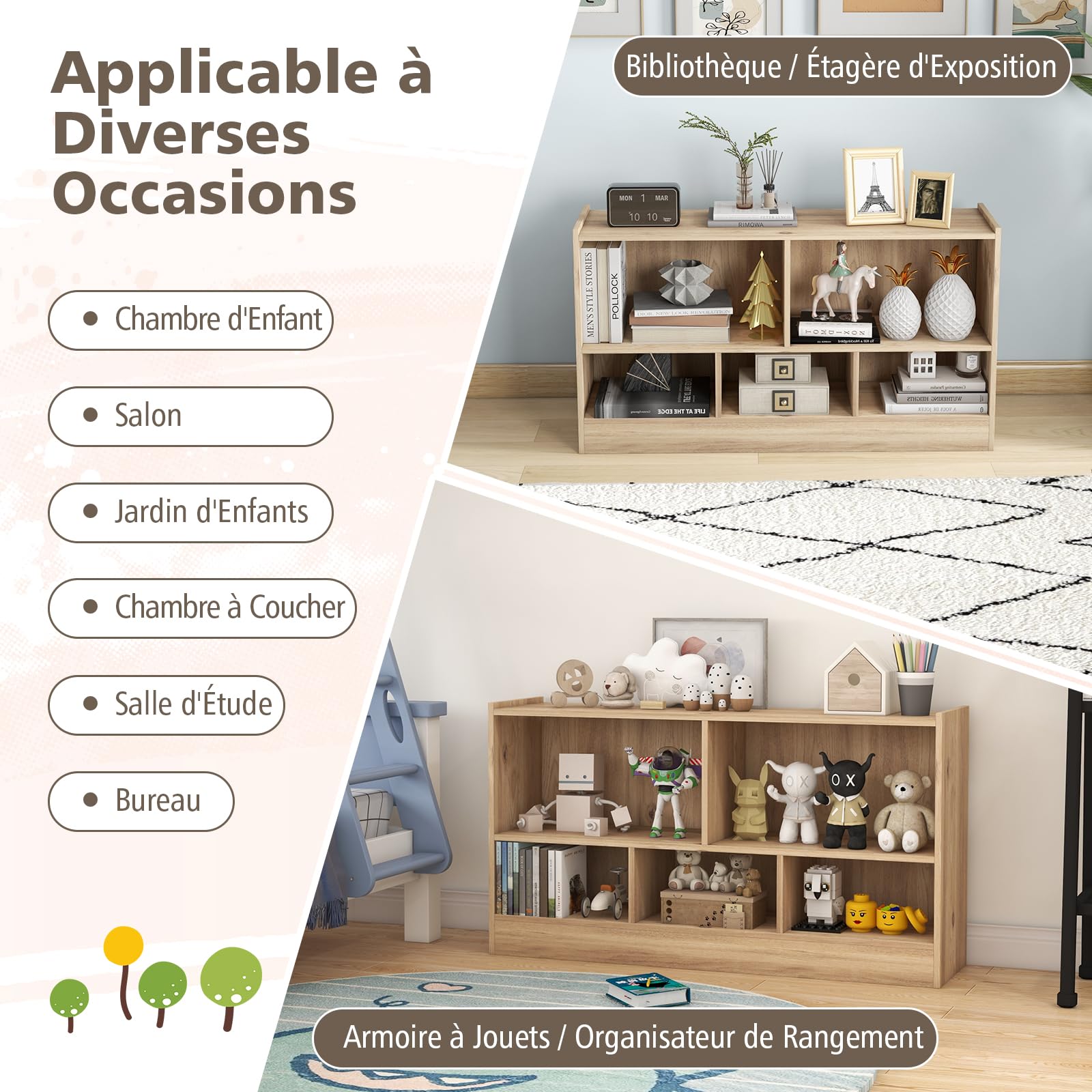 GOPLUS Bibliothèque 5/8 Cubes Ouvertes, Meuble de Rangement Bibliothèque Enfant Salon pour Livres et Jouets,111 x 30 x 61,5CM, Naturel