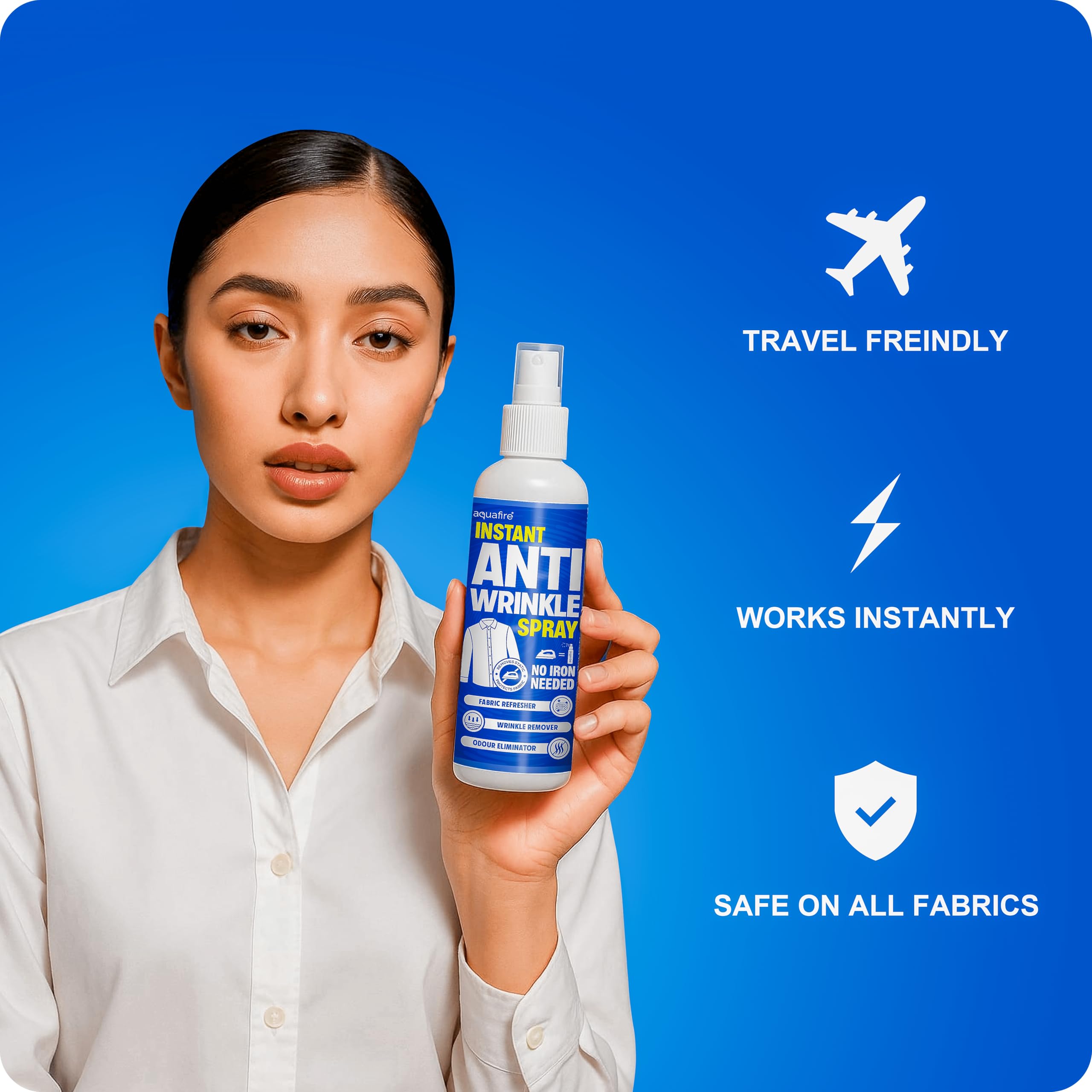 Aquafire Instant Anti Wrinkle Spray, No Iron Needed, Fabric Refresher with Odour Eliminator, Made in India (Pack of 1) 4