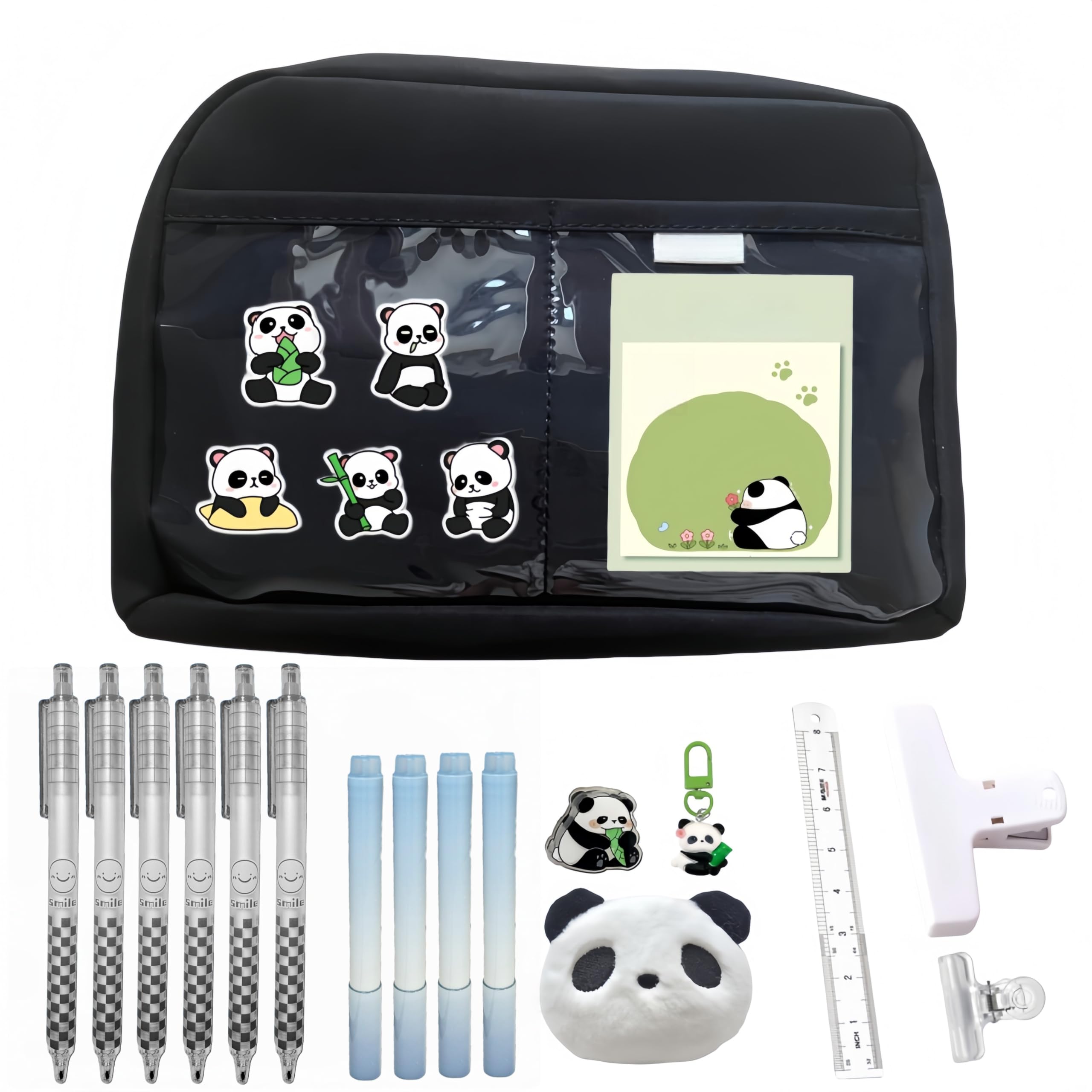 Kawaii Cute Aesthetic Pencil Case - Large Capacity Canvas Pen Pouch Bag (Black 11 PCS Set)