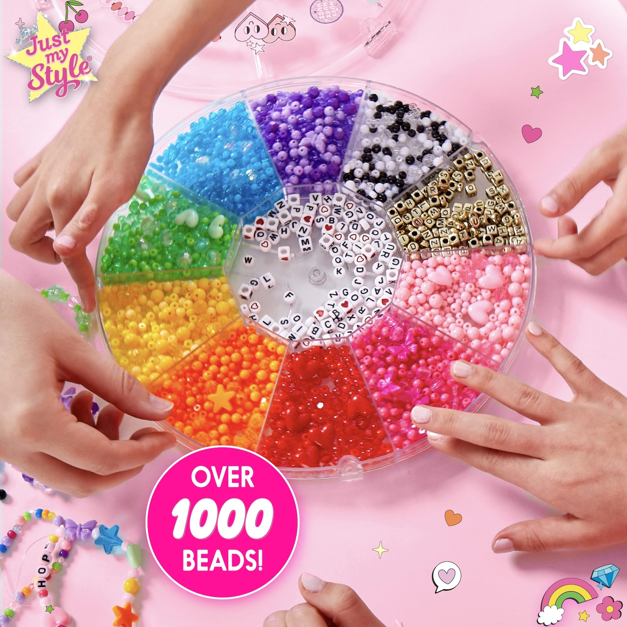 Just My Style Kit de fabrication de bracelets arc-en-ciel avec étui à perles pivotantes, comprend plus de 1 000 perles pour la fabrication de bracelets, élastiques, etc