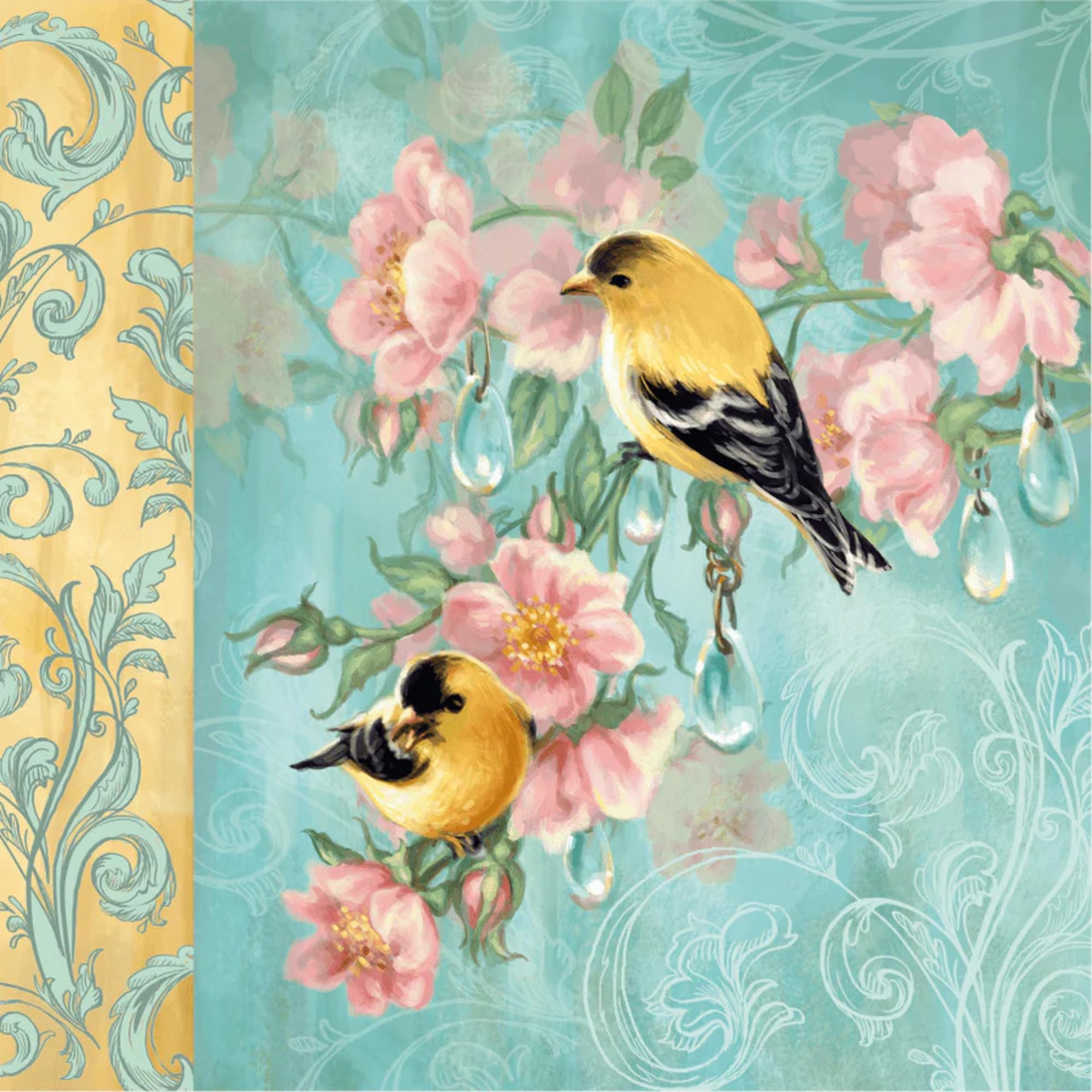 Set of 2 Individual Decoupage Paper Party Napkin Birds Blossoms Floral Watercolor Decor Luncheon Napkins for a Birthday Holiday, Wedding, Cocktail Party