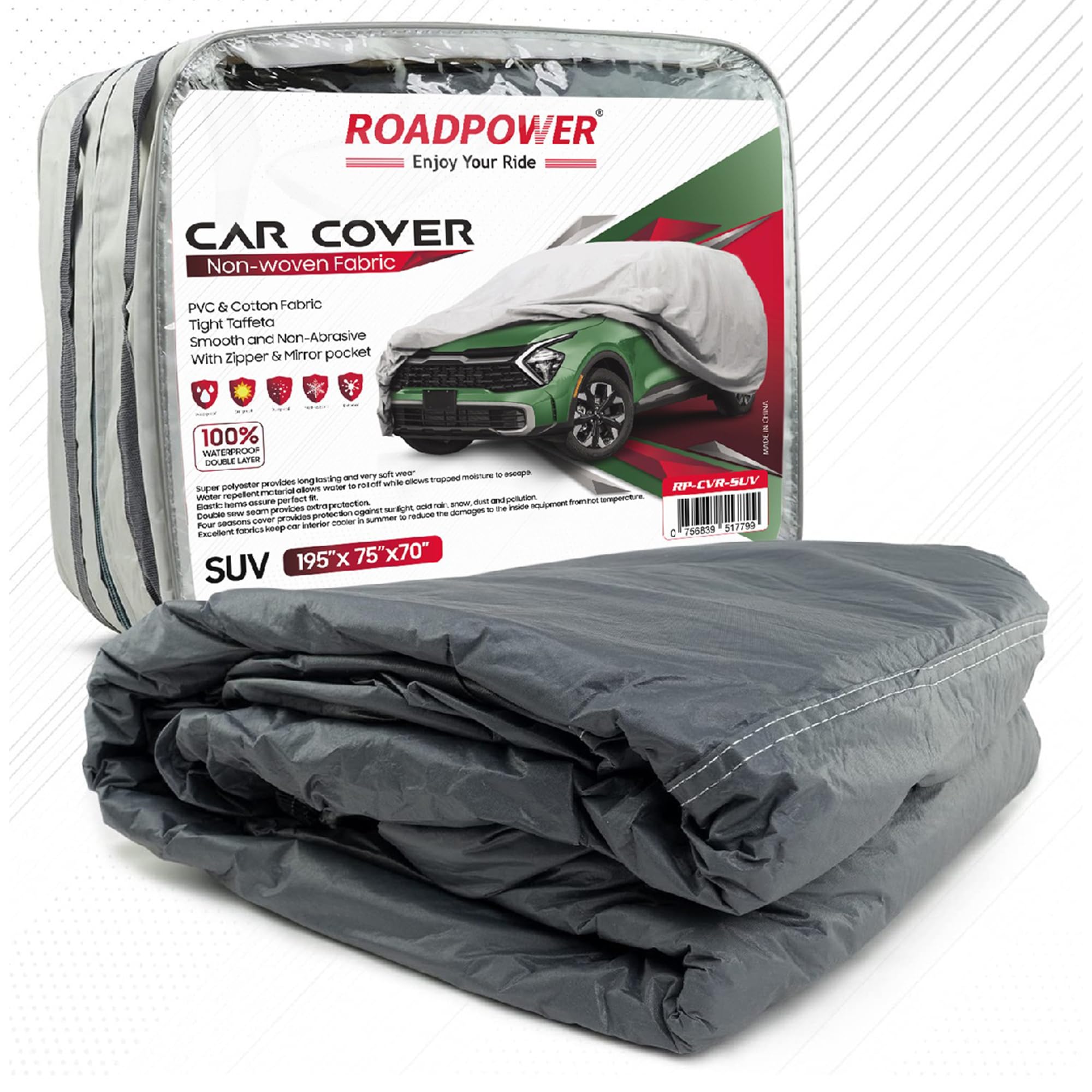ROADPOWER zipper Car Cover with Mirror Pocket for All Weather Waterproof Windproof Dustproof Full Covers PVC & Cotton Fabric Tight Taffeta smooth Non-Abrasive (SUV, 195''X 75''X 70'')