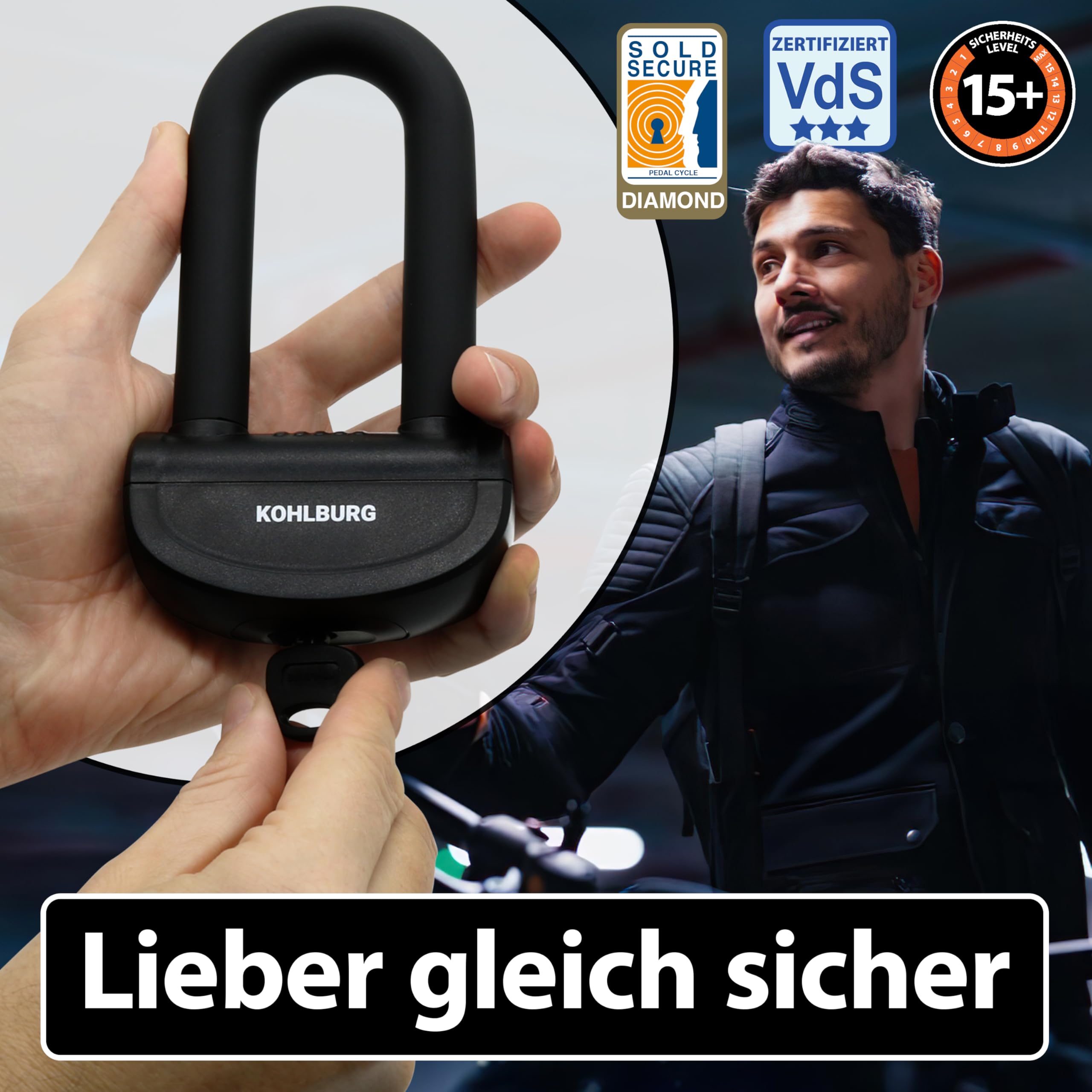 KOHLBURG sicheres Motorradschloss - Bremsscheibenschloss mit höchster Sicherheitsstufe 15plus von 15 - Hinterradschloss 16mm stark - Diebstahlsicherung für Motorrad Moped Vespa Roller & Scooter