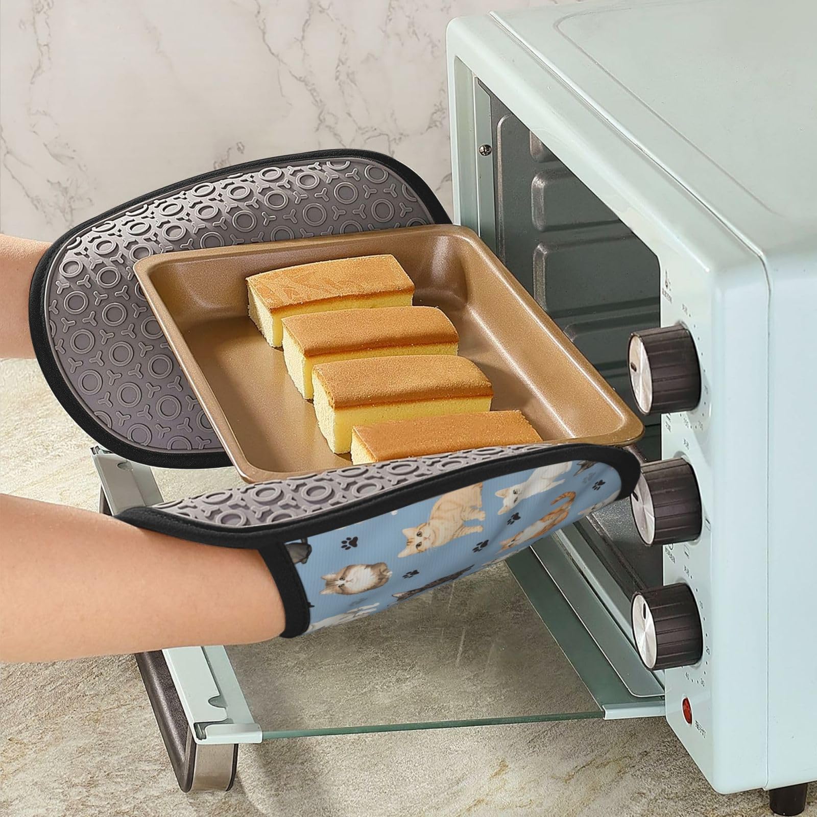 Topflappen, Silikon, Baumwollfutter, hitzebeständig bis 260 °C, rutschfester Griff, 19,1 x 23,9 cm, ovale Kochpads für Ofen, Kochen (Katze, Topflappen)