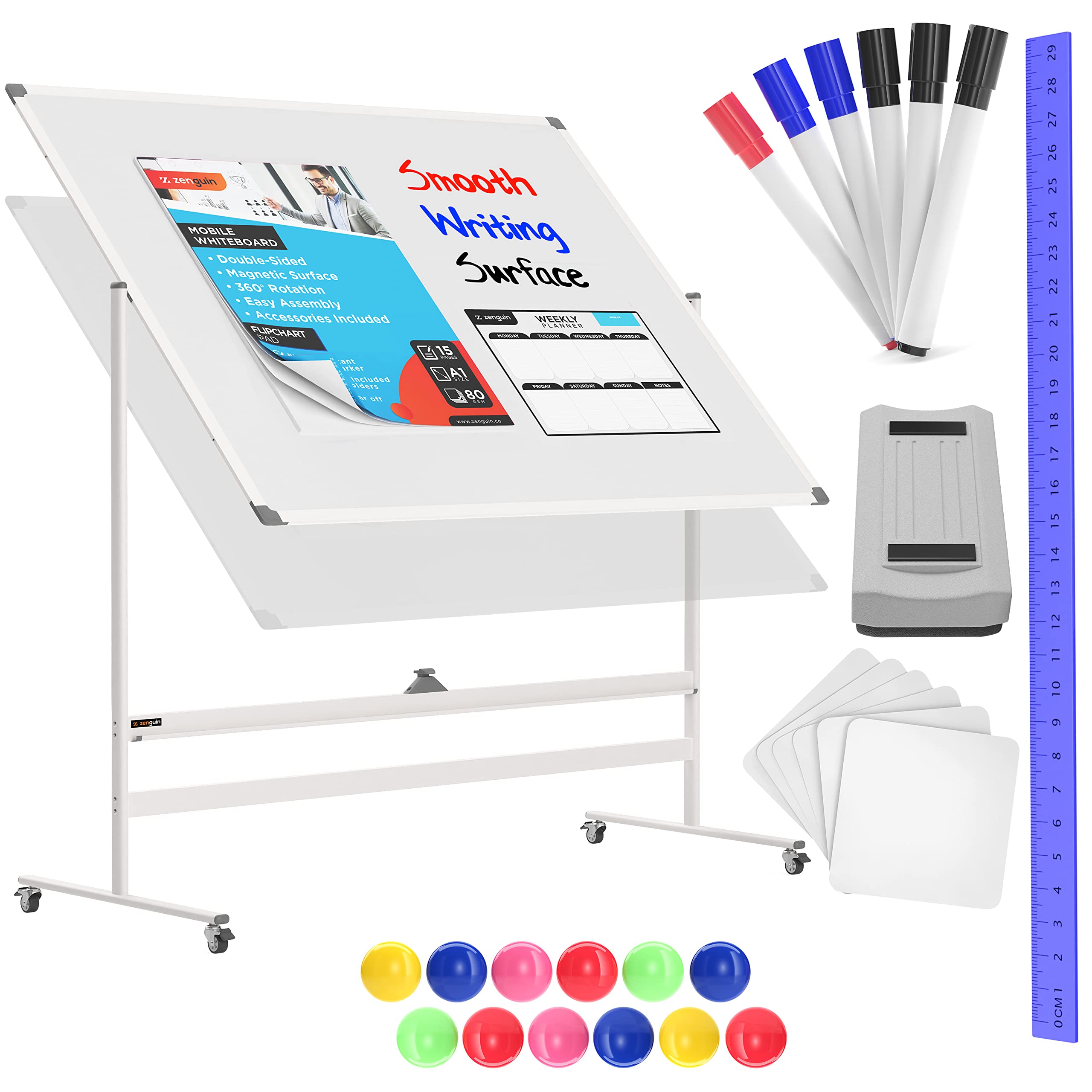 Photo 1 of Zenguin Mobile Whiteboard – Easel Style Dry Erase Board w Locking Wheels - Double Sided Magnetic Easel Board - Adjustable Height Rolling Whiteboard - Portable Whiteboard w Accessories (60x46, White) 60x46 White