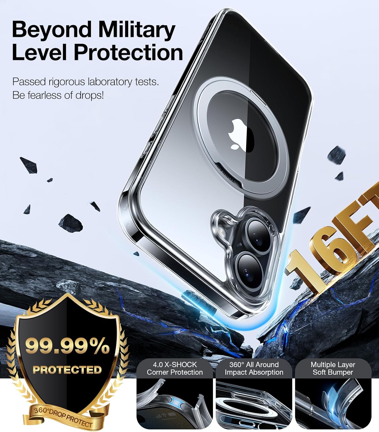 TORRAS 360° Magnetic Stand for iPhone 16 Case, [Compatible with MagSafe] [Rotatable Flexible Kickstand], 16ft Mil-Grade Shockproof Protection Versatile Ring Holder, Anti-Yellow & Crystal Clear 6.1"