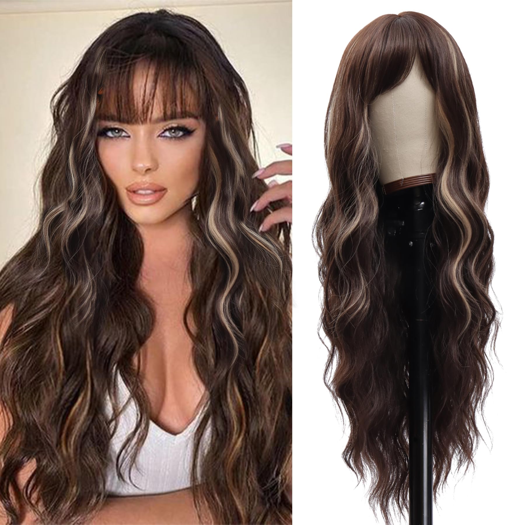 Vomella Brown Wig With Bangs 26 Inch Long Wavy Brown Wigs with Highlights Natural Curly Wig for Women Synthetic Wigs for Daily Party Use