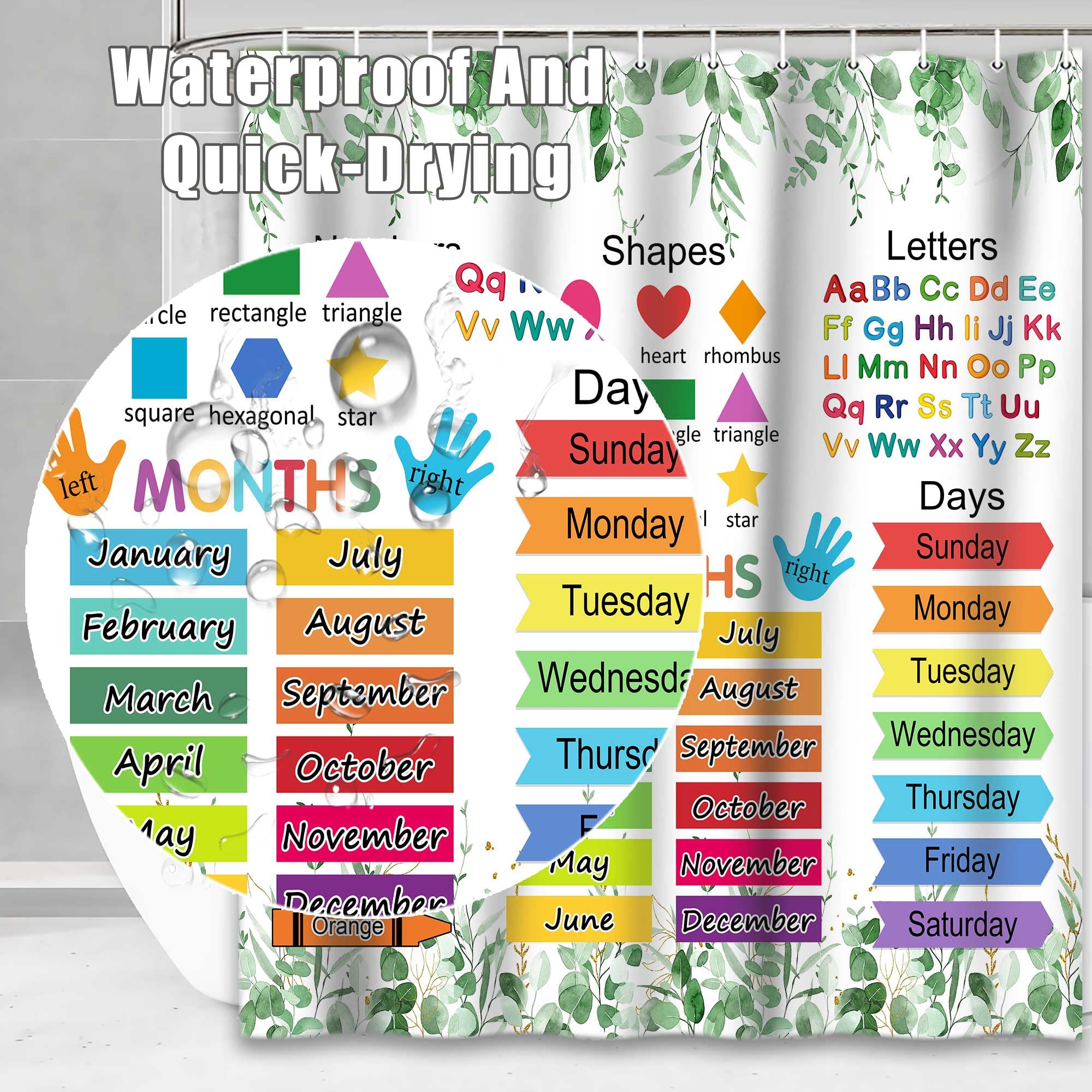 Alphabet Shower Curtains, Kids Educational Shower Curtains for Bathroom Fabric Learning Tool Unisex Bathroom Curtain with 12 Hooks 70X70Inch