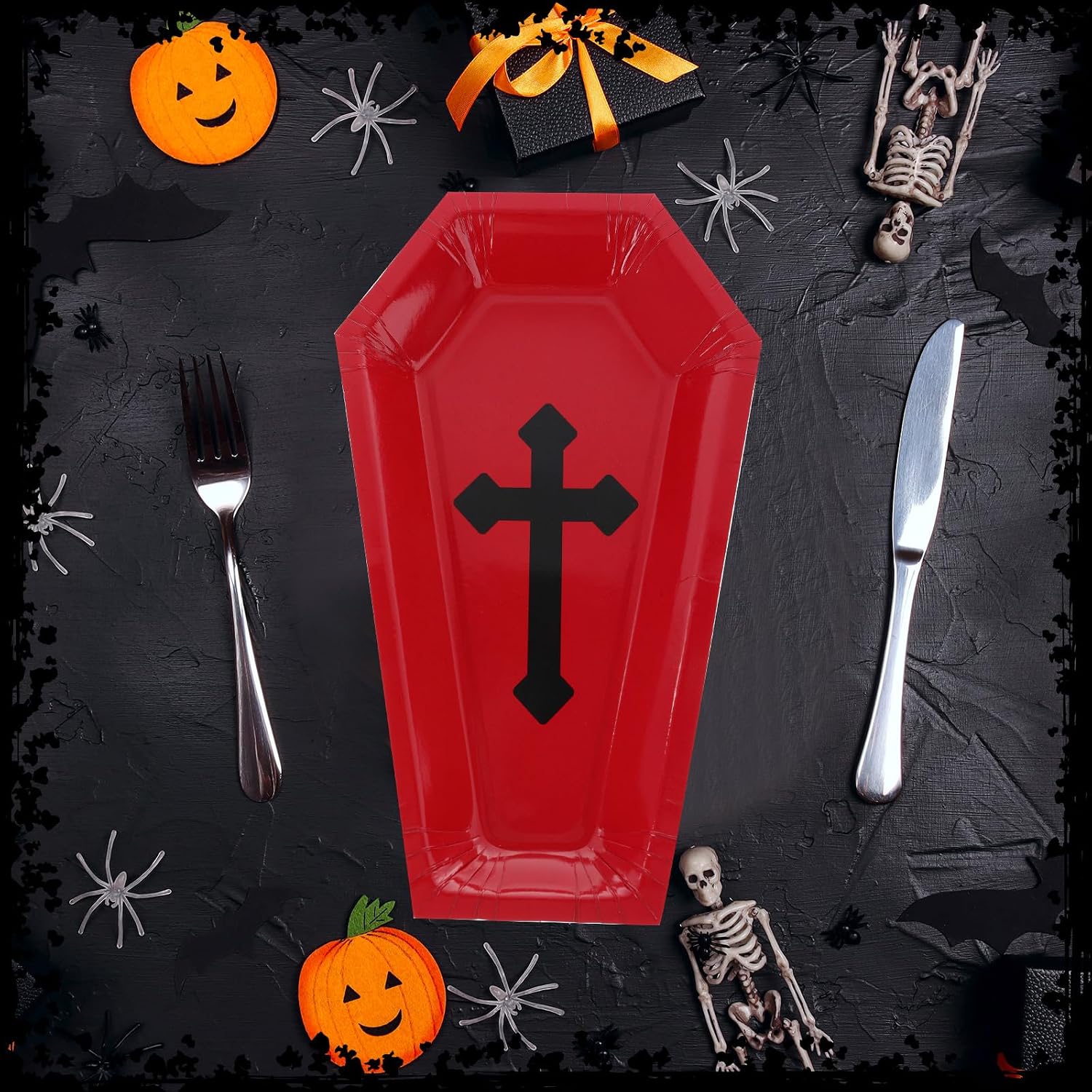 Hsei 100 Pcs Halloween Coffin Paper Plates Party Tableware, Cross Style image 2