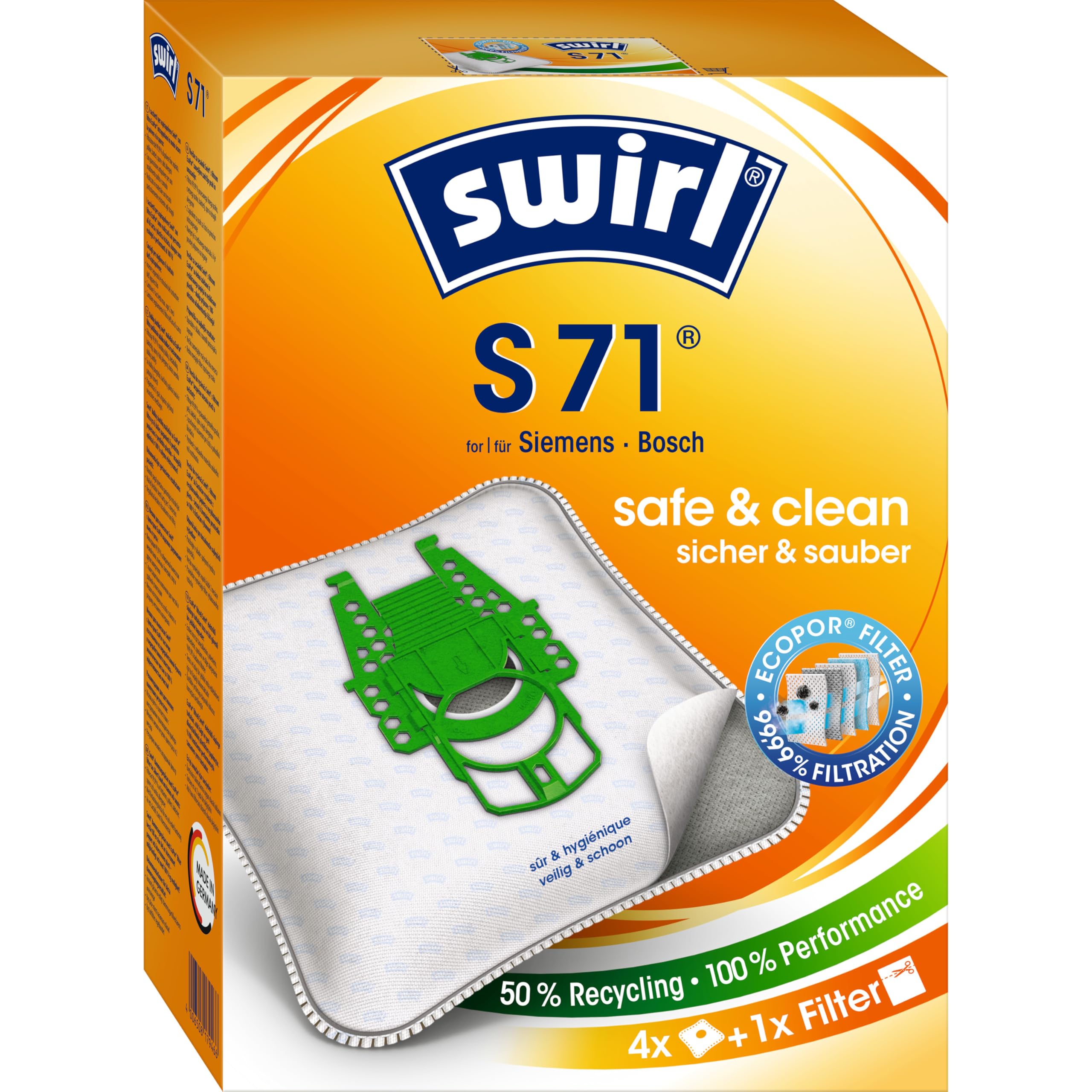 Swirl S 71 Vacuum Cleaner Bags for Siemens and Bosch with MicroPor anti-allergen filter, Absorbent, Lockable Holding Plate, 4 Bags + 1 Filter