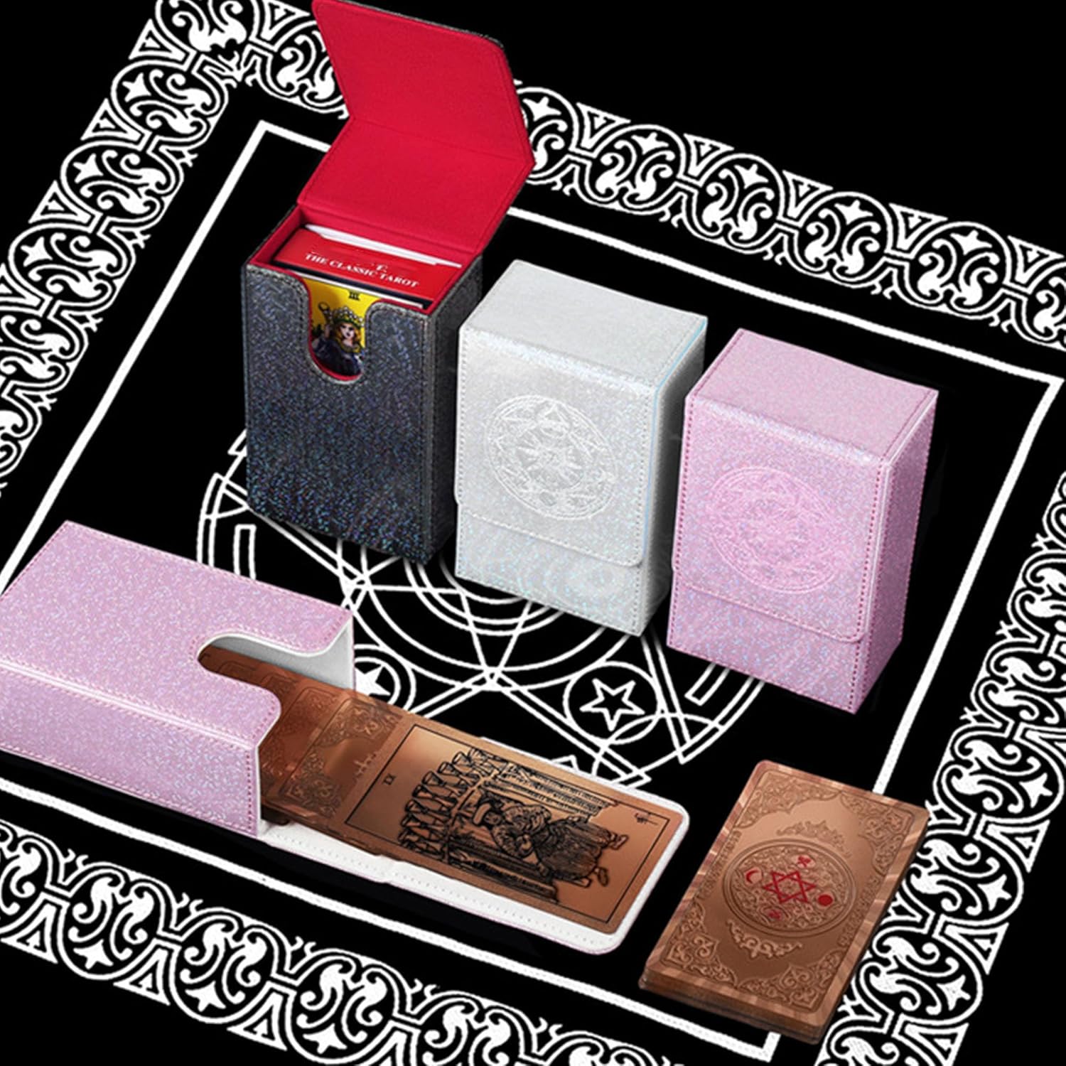 Leather Tarot Card Case with Sun & Moon Pattern - Portable Storage Pouch with Velvet Lining & Magnetic Buckle - Fits Standard Decks, Oracle, and Playing Cards (Pink, 2x3.3x5.3 Inches)