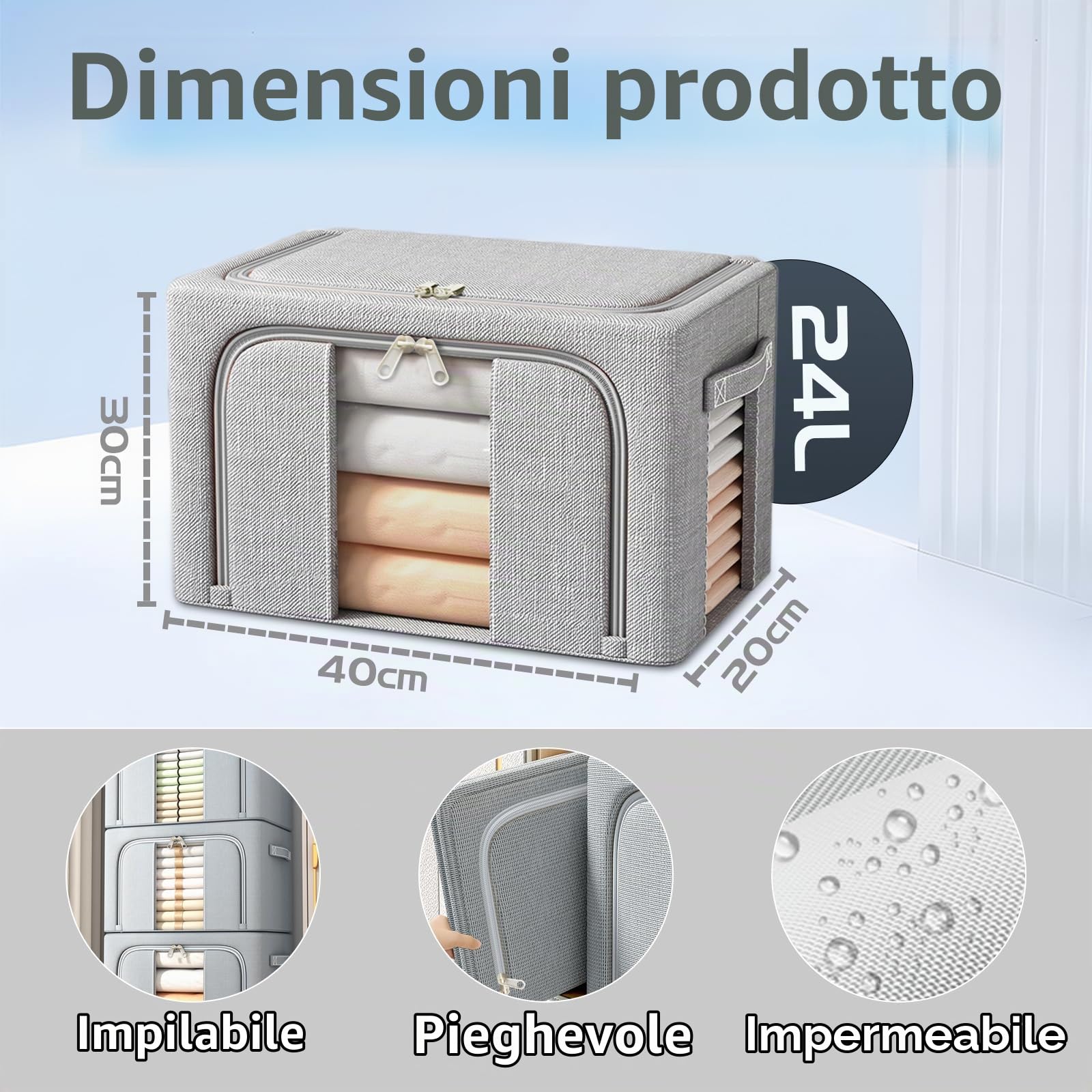 3 Pezzi Scatole per Armadio, 24 L Organizzatore Armadio con Struttura in Metallo Pieghevole, Scatole Armadio Impilabil con Cerniera per Vestiti, Coperte, Piumoni-3x24L