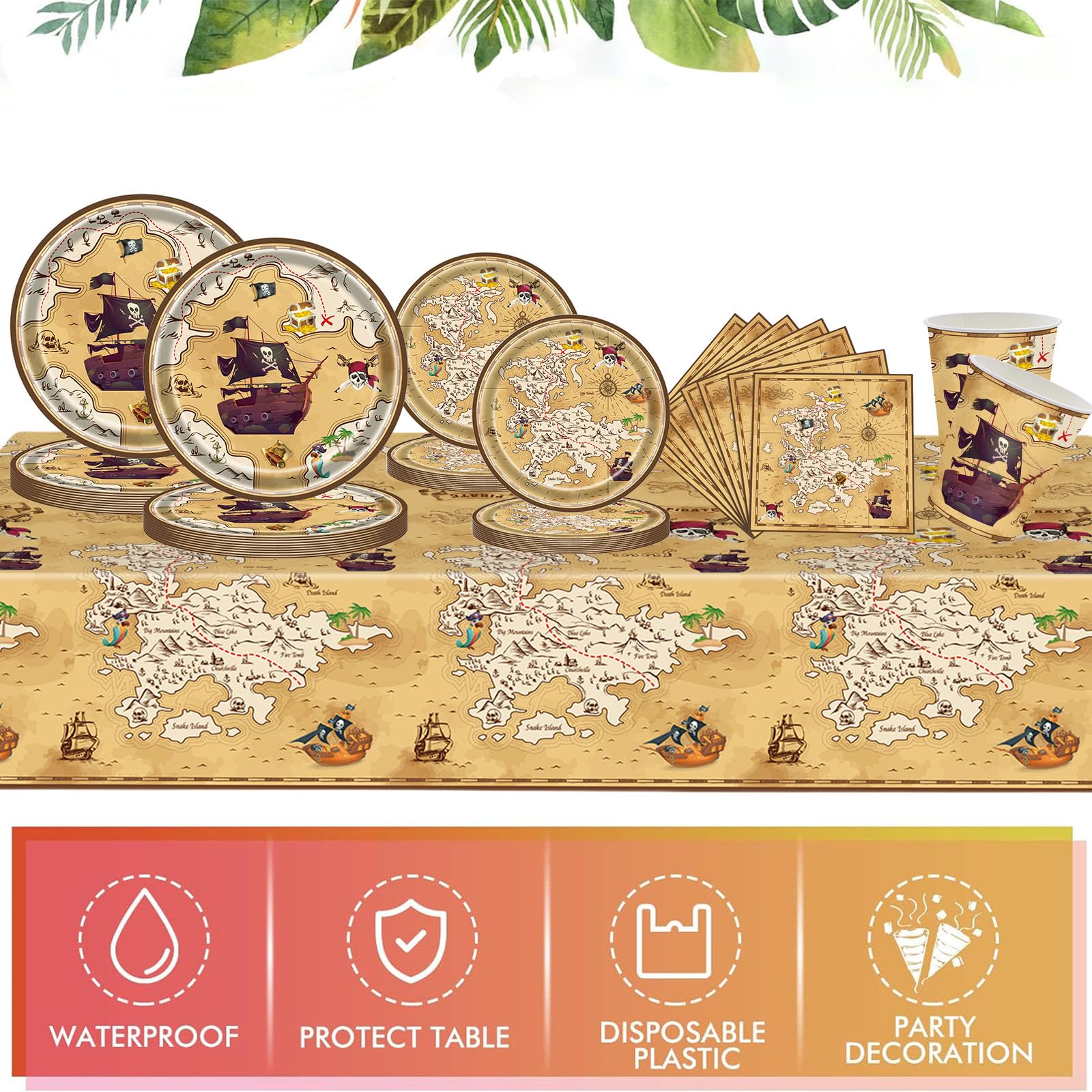 70Pc Pirate Party Tableware Set,Pirate Treasure Hunt Theme Banner with Pirate Napkins Paper Plates Cups and Pirates Game Tablecloth,Pirates Halloween Dinnerware Kit for Boy Girl Halloween Party Décor - Image 3