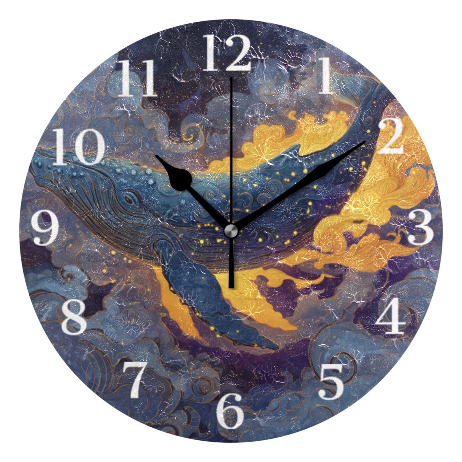 Ensound Glowing Blue Whale Wall Clock Silent Non-Ticking Battery Operated Clocks 12 Inch for Kitchen Home Living Room
