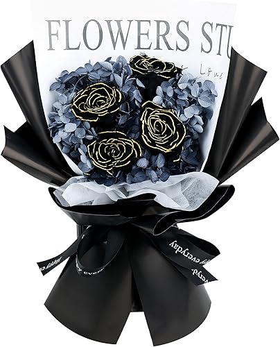 YOFANUP Ramo de flores preservadas, rosa eterna, ramo de rosas negras con caja de regalo, ramo de flores naturales reales para siempre, último 2-3