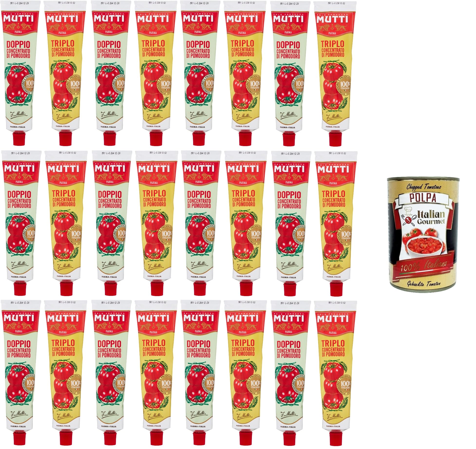 Italian Gourmet Testpaket Doppio Triplo Concentrato di pomodoro 24 x 185g | Intensiver Tomatengeschmack, ideale base italiana für Saucen, Ragù, Pizza, Gesamtnettogewicht 4,44 kg + Kostenlos Polpa 400g