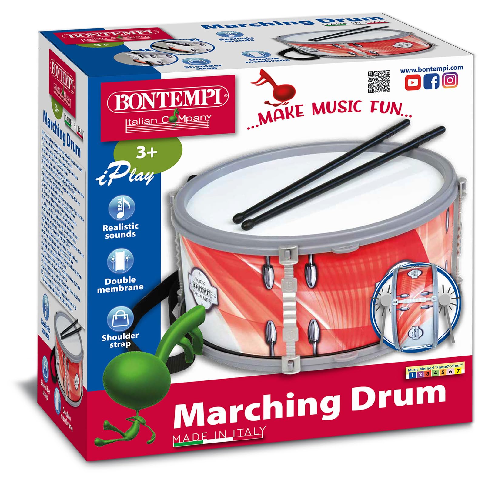 Bontempi | BeatMaster – Tambor con Doble Membrana, Correa y Varillas de 25 cm para una Experiencia rítmica Completa, Rojo, 25 x 25 x 12 cm