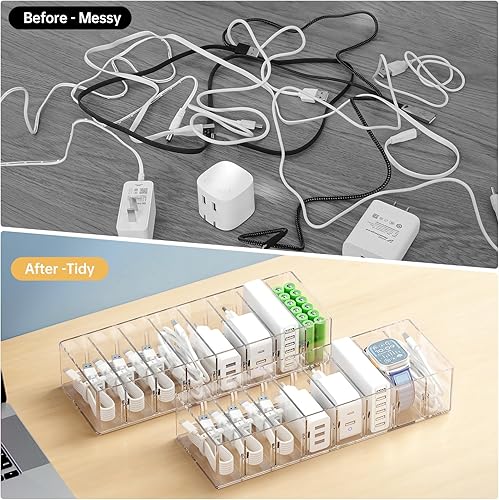 Miniatura 5 de Paquete de 2 cajas organizadoras de almacenamiento de cables con 8 compartimentos y 14 bridas de alambre, organizador de cargador apilable,