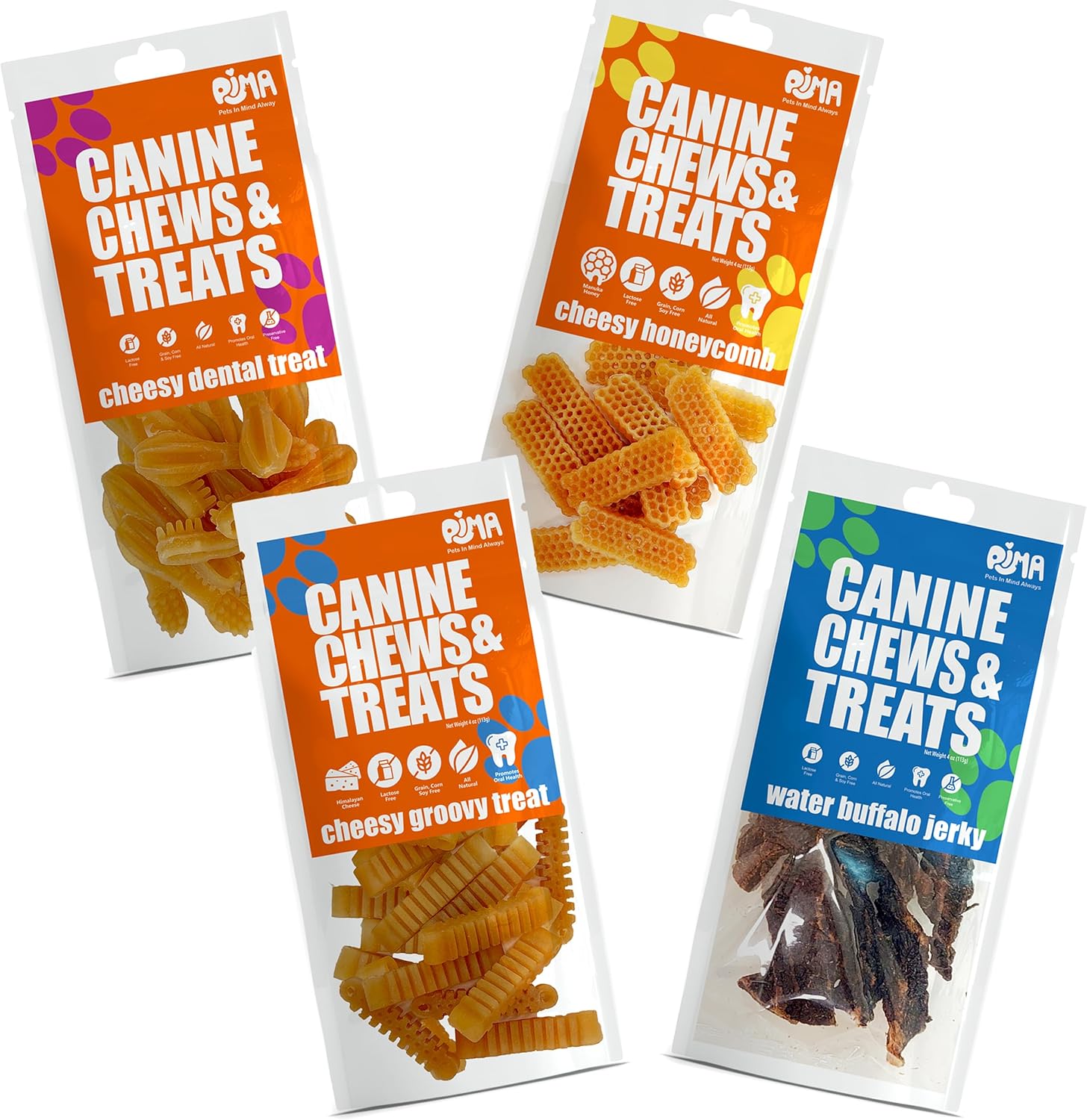 PIMA New Treats Sampler, All Our Cheesy Treats, Featuring Salmon Oil, Himalayan Cheese and Manuka Honey Plus Water Buffalo Jerky (16oz New Treats Sampler)