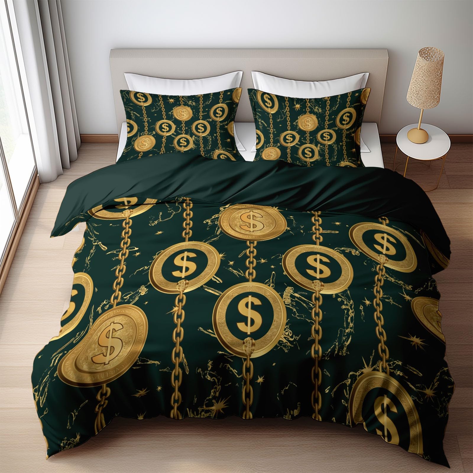 Dark Green Duvet Cover Twin Size 2 Pieces Luxury Gold Dollar Sign, Bedding Set Room Decor Bedspread for Kids Teens, Comforter Quilt Cover Bedding Set with Pillow Sham
