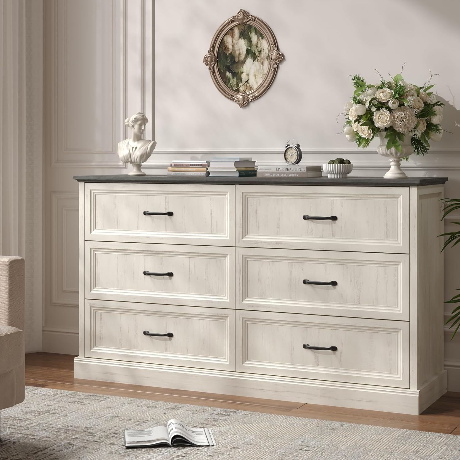 Farmhouse 6 Drawer Dresser for Bedroom, 55'' Wide Double Wood Rustic Chest of Drawers with Bar Handles, Modern Storage Dresser Organizer for Hallway, Living Room, White