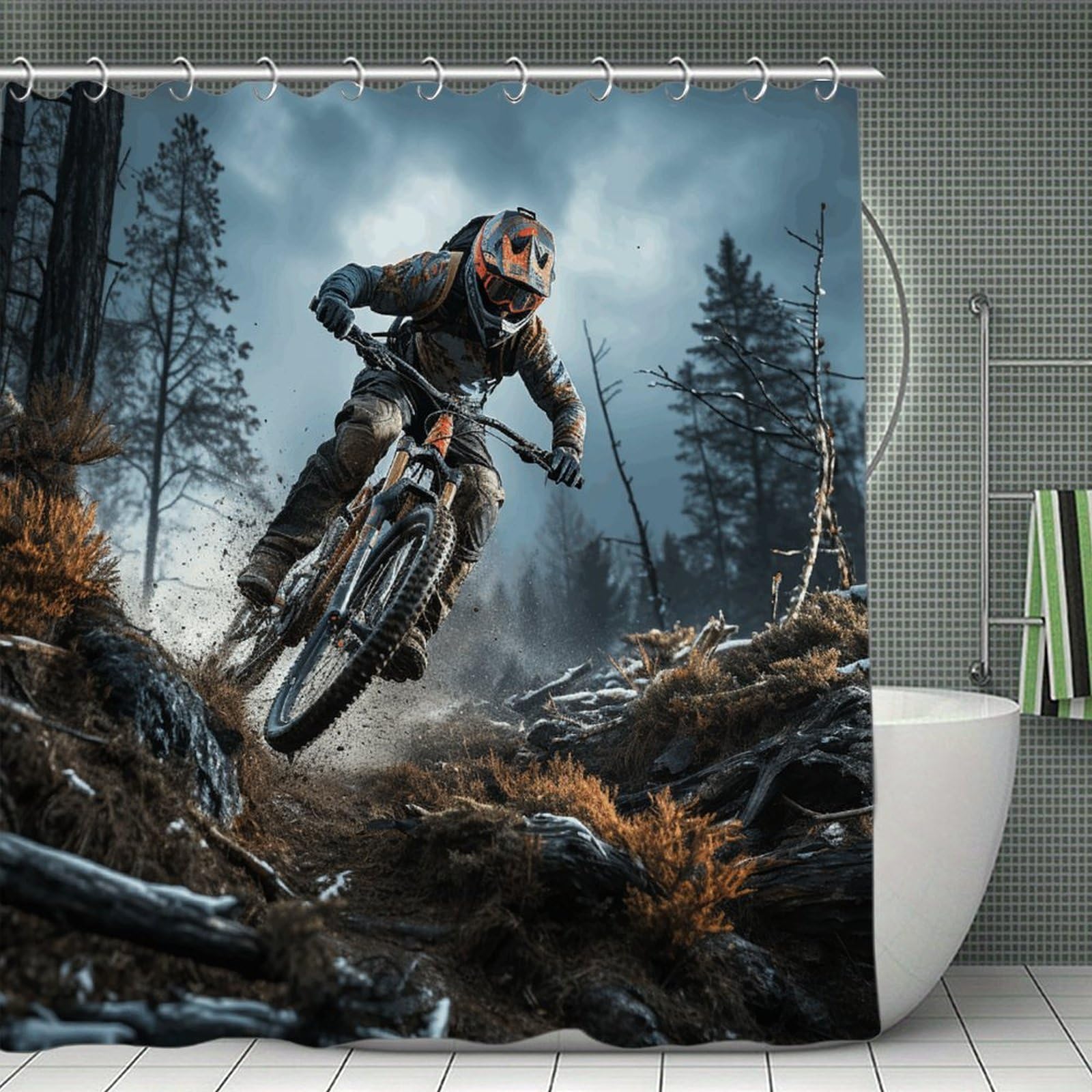 FekiLoot Mountain Bike Tournament Shower Curtain Minimalist Aesthetic Bath Curtain with Hooks Simple Water Resistant Bathroom Shower Curtains Cute Blackout Privacy Curtains Cloth Curtain